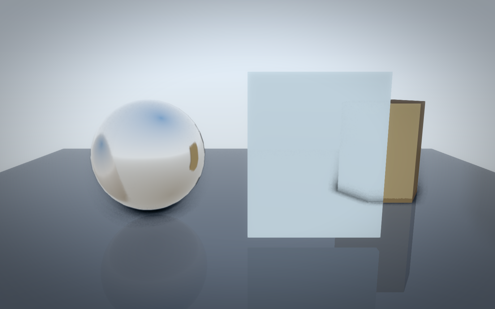 A chrome ball, a pane of glass and a mirrored floor under a sky