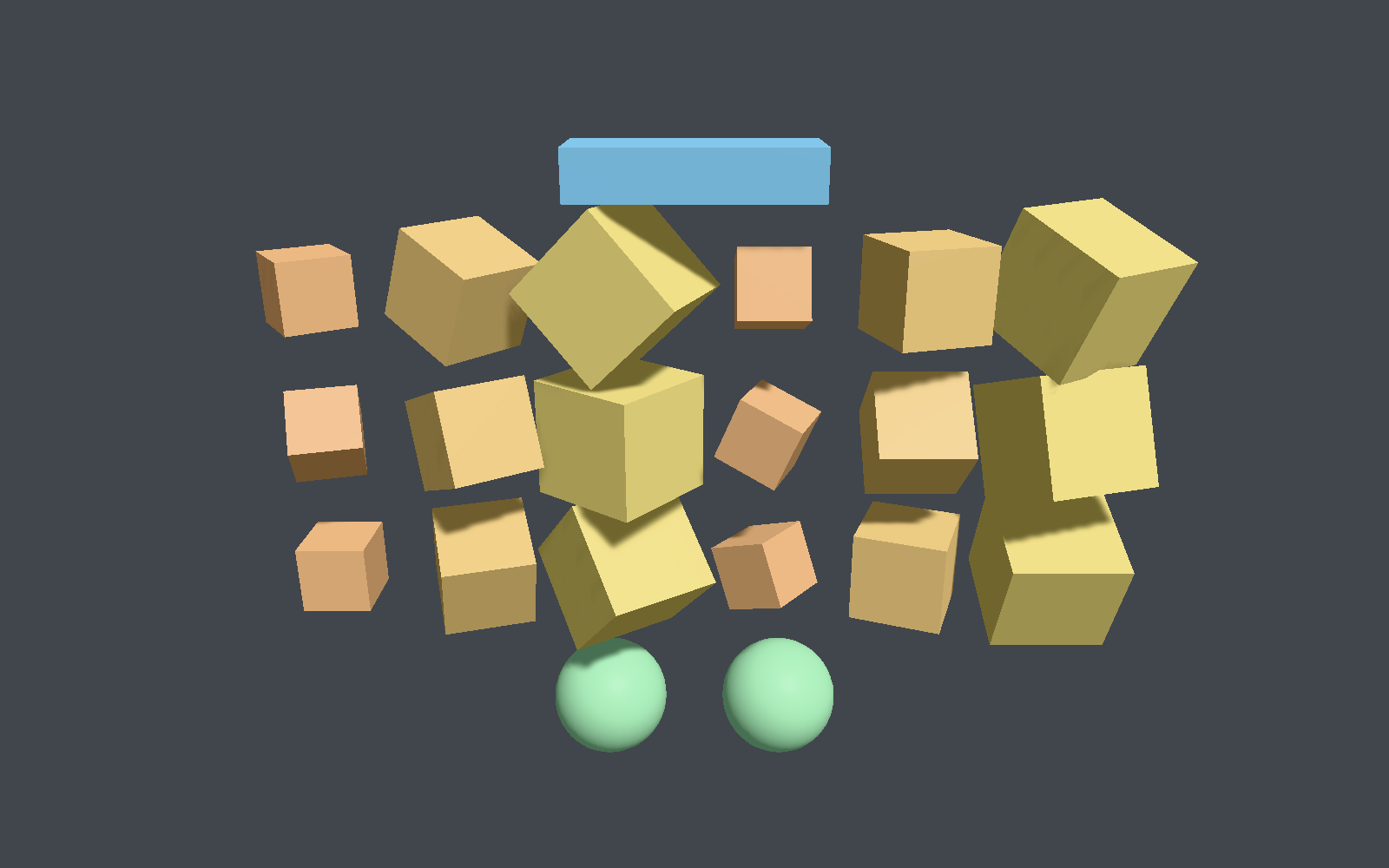 Eighteen cubes turned, scaled and tinted apart, lit and casting shadows, drawn in a single call
