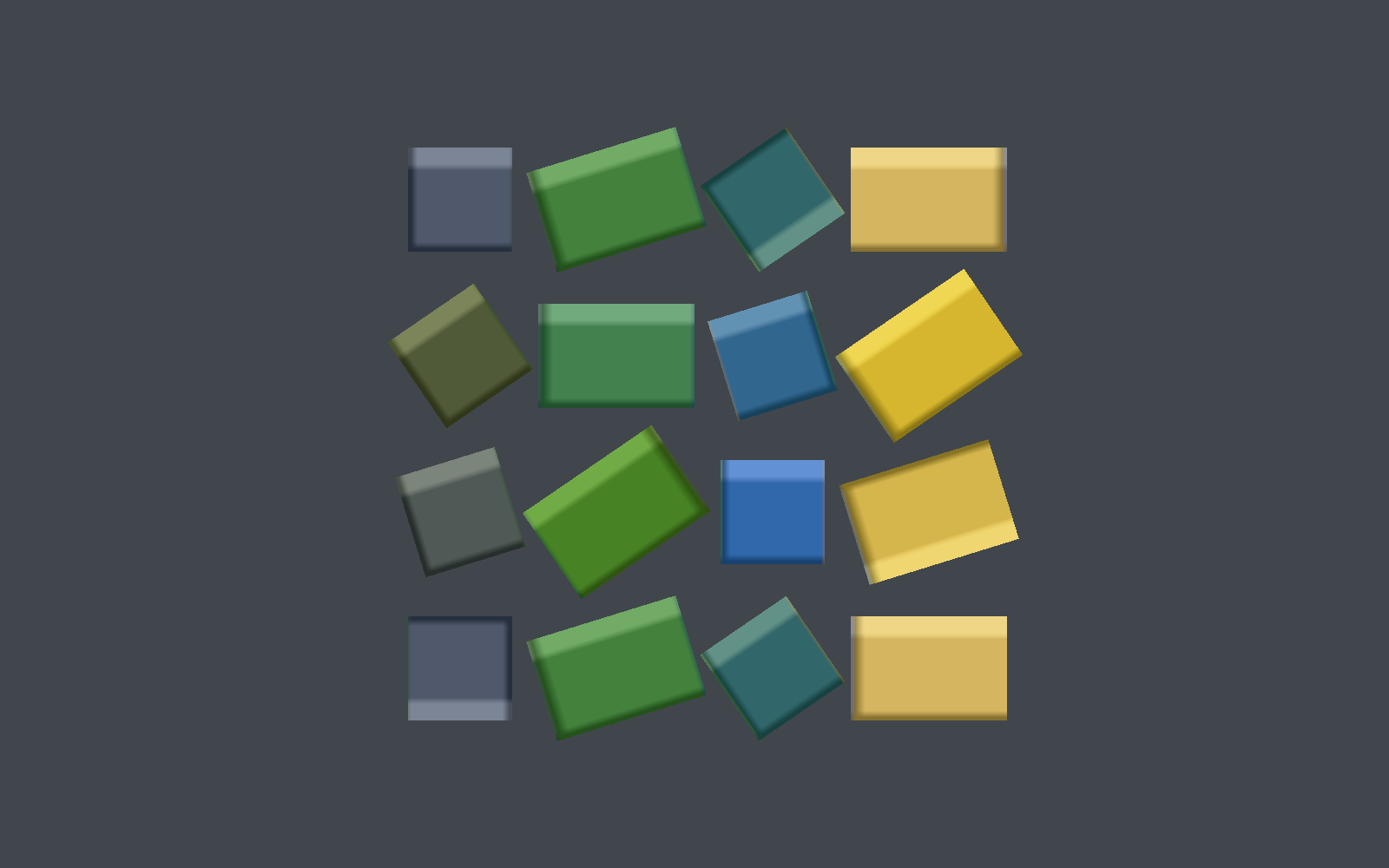 Sixteen sprites cut from one sheet, turned, scaled, tinted and flipped apart, drawn in a single call