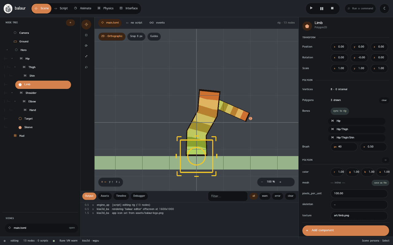 A polygon's inspector: vertices, drawn polygons, bones and brush