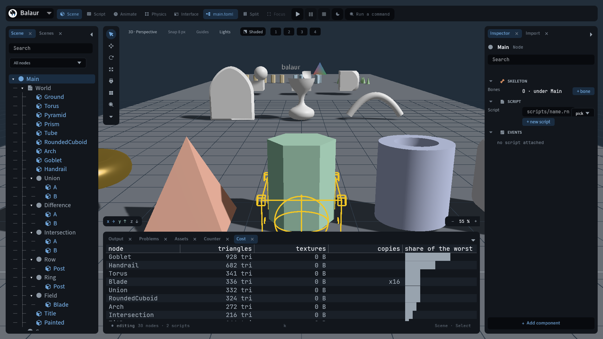 The Cost dock: a row per node with its triangles, texture bytes and a bar, and a cloner drawing sixteen copies