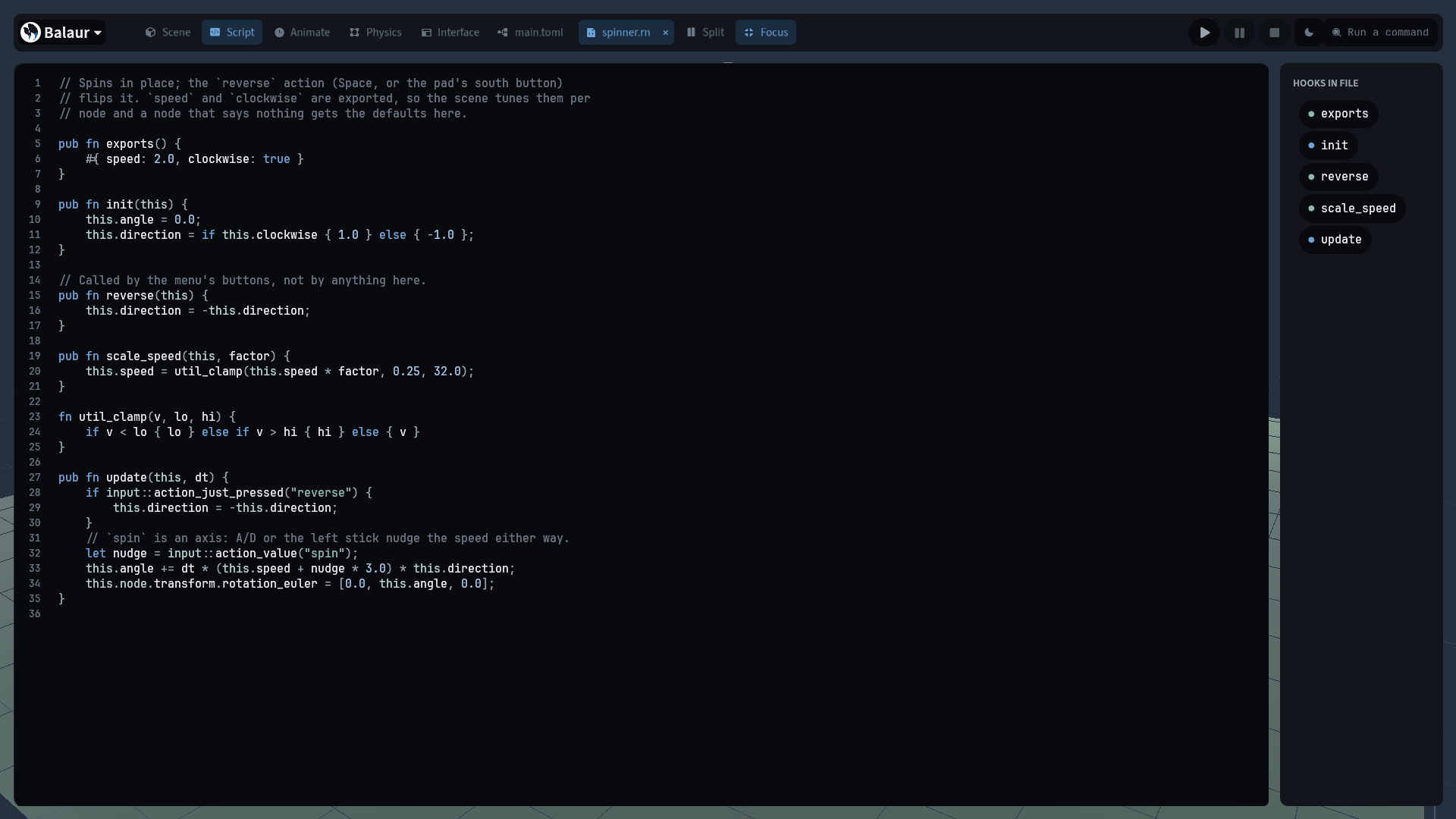 The code pane with the window to itself, the hooks list beside it, and the Focus chip lit in the top bar