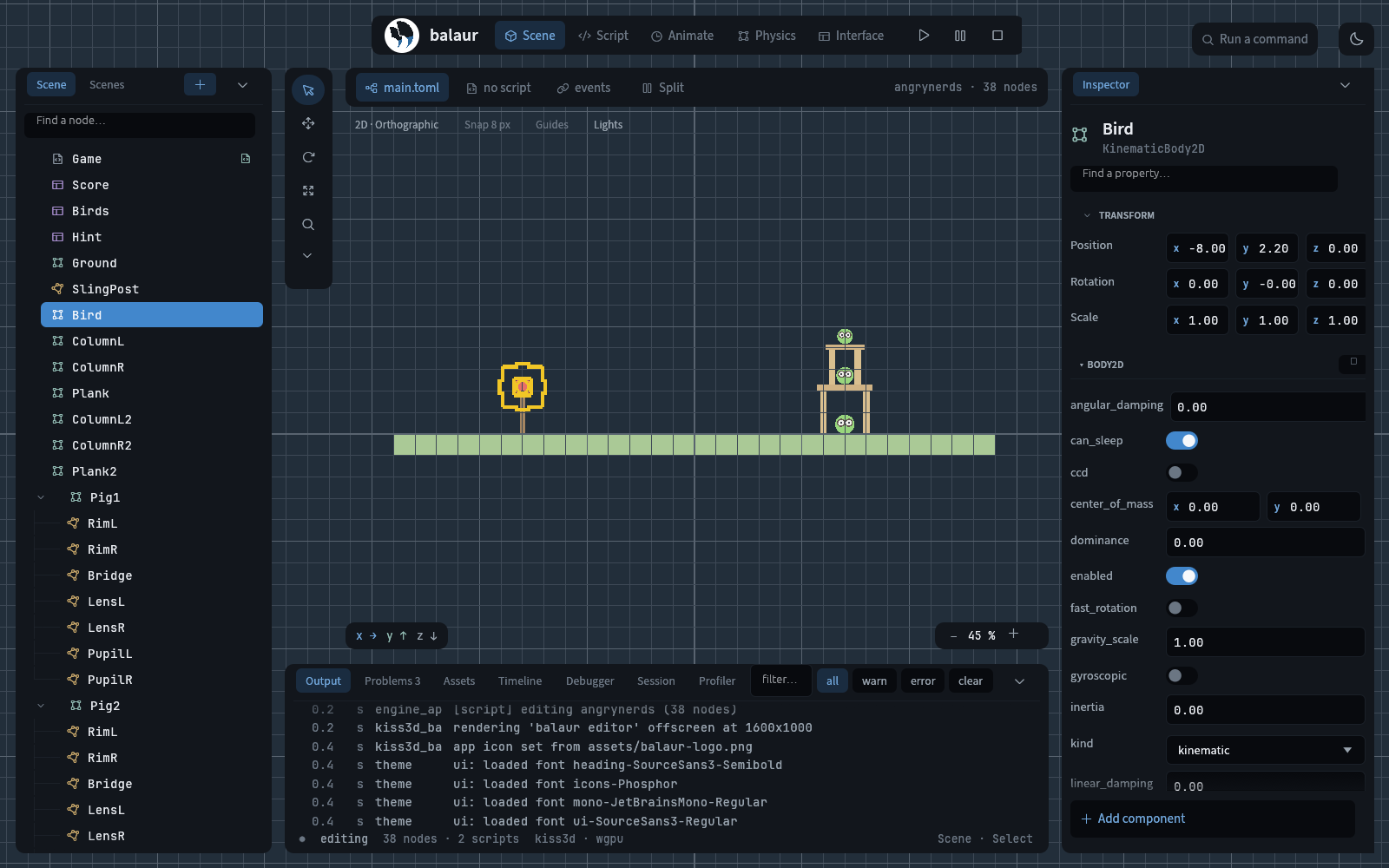 The editor on examples/angrynerds: the node tree, the viewport, the inspector and the dock tabs