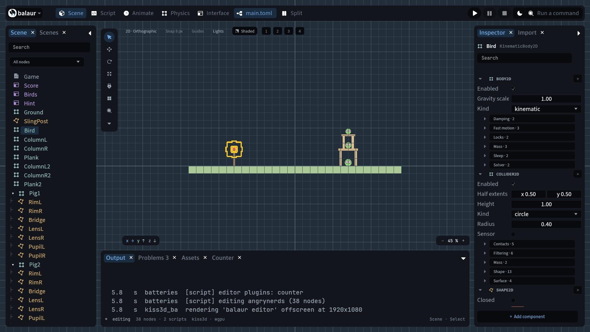 The editor: scene tree, viewport, inspector