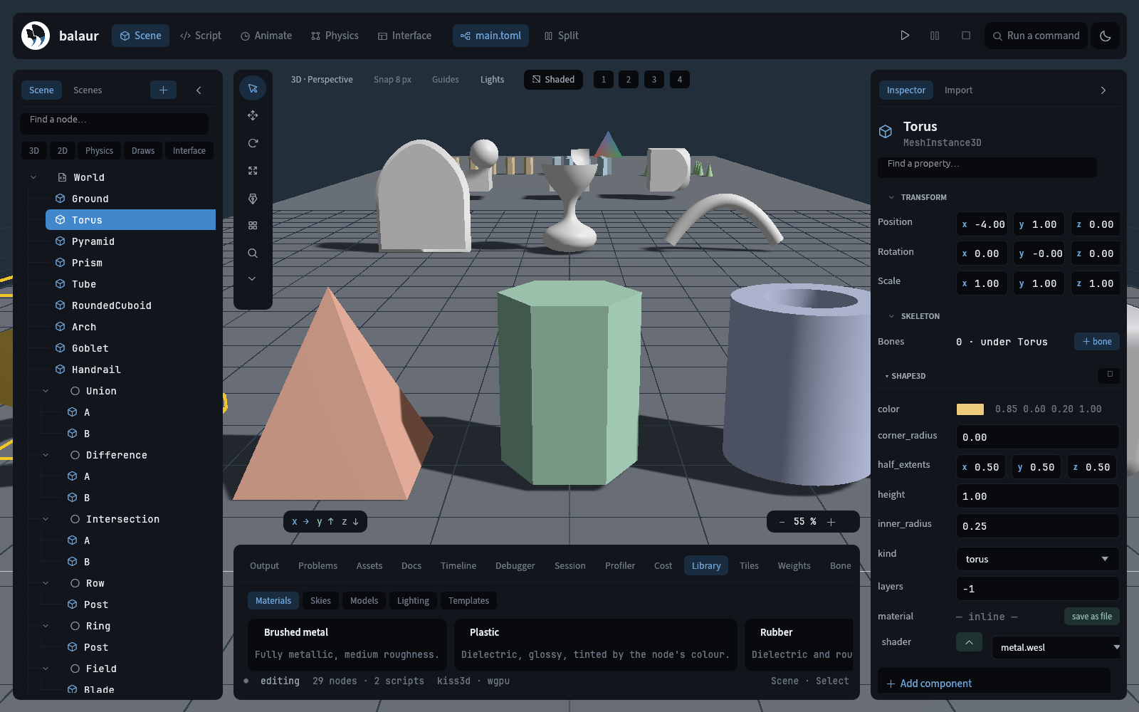 The library dock, with a torus selected in the objects example