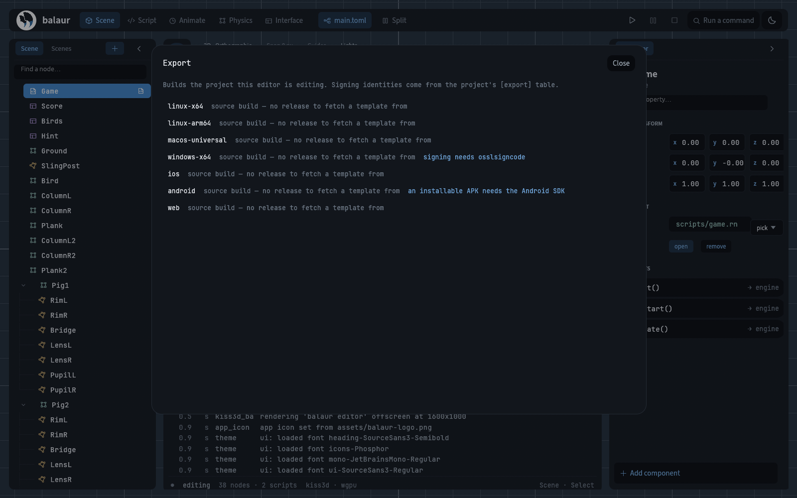 The Export sheet: the ios, android, macos-universal, windows and web targets