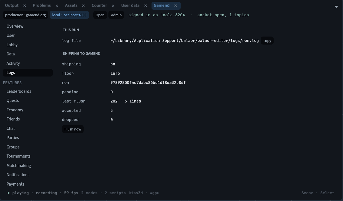 The Logs tab while the game plays