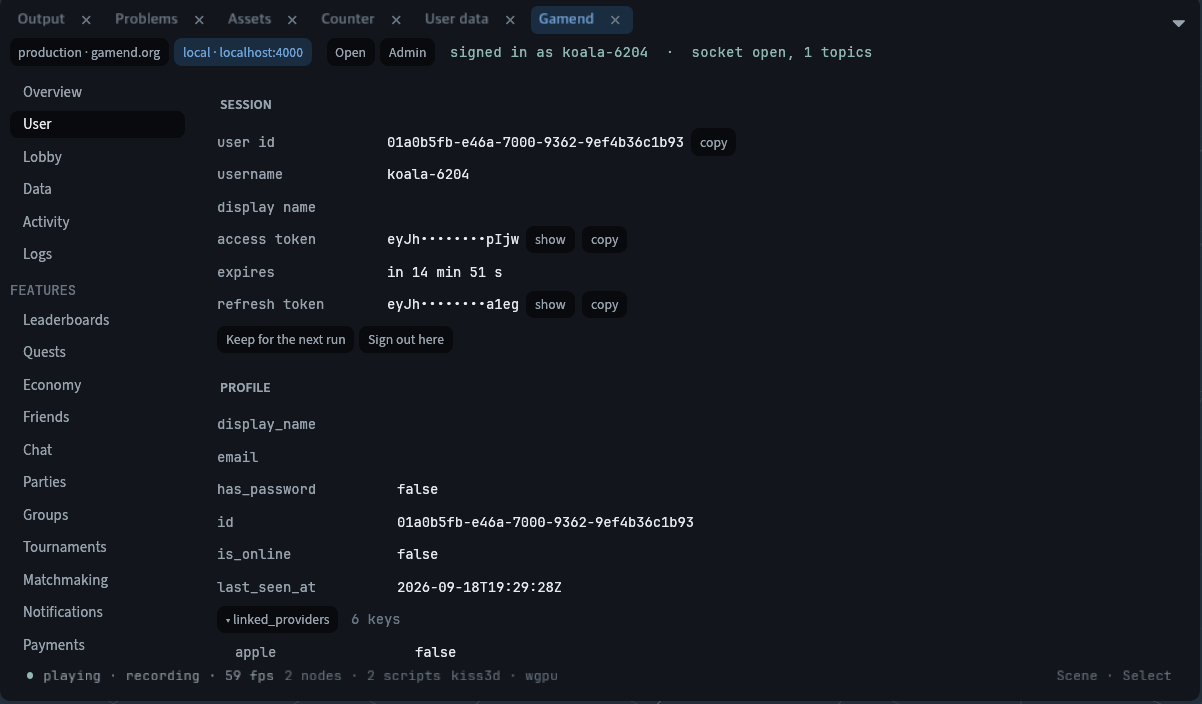 The User tab signed in to a local Gamend