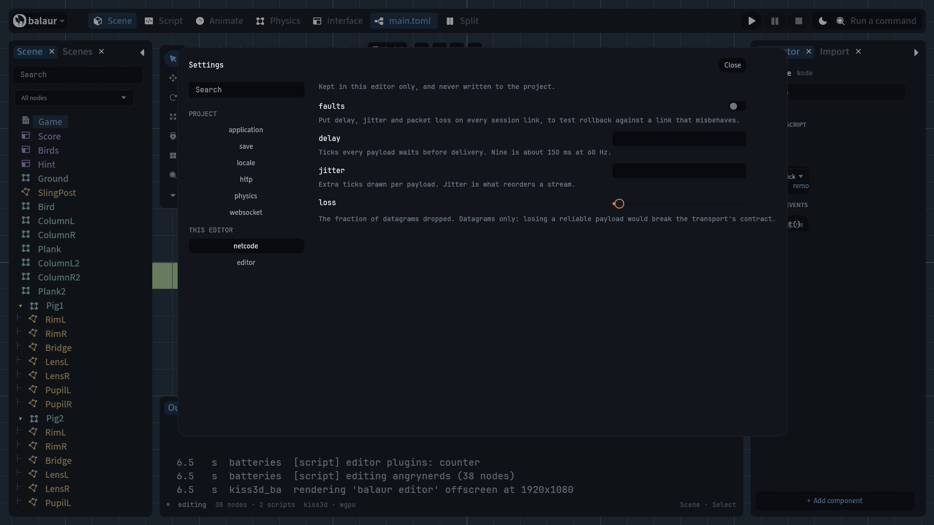 The Netcode page of the settings screen: faults, delay, jitter and loss
