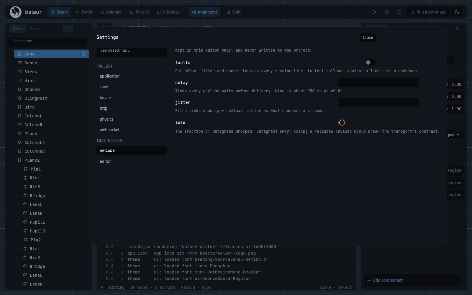 The Netcode page of the settings screen: faults, delay, jitter and loss