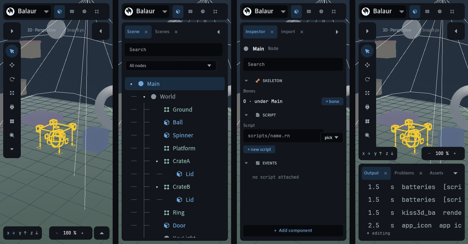 A phone with nothing open, then the outliner, the inspector and the output