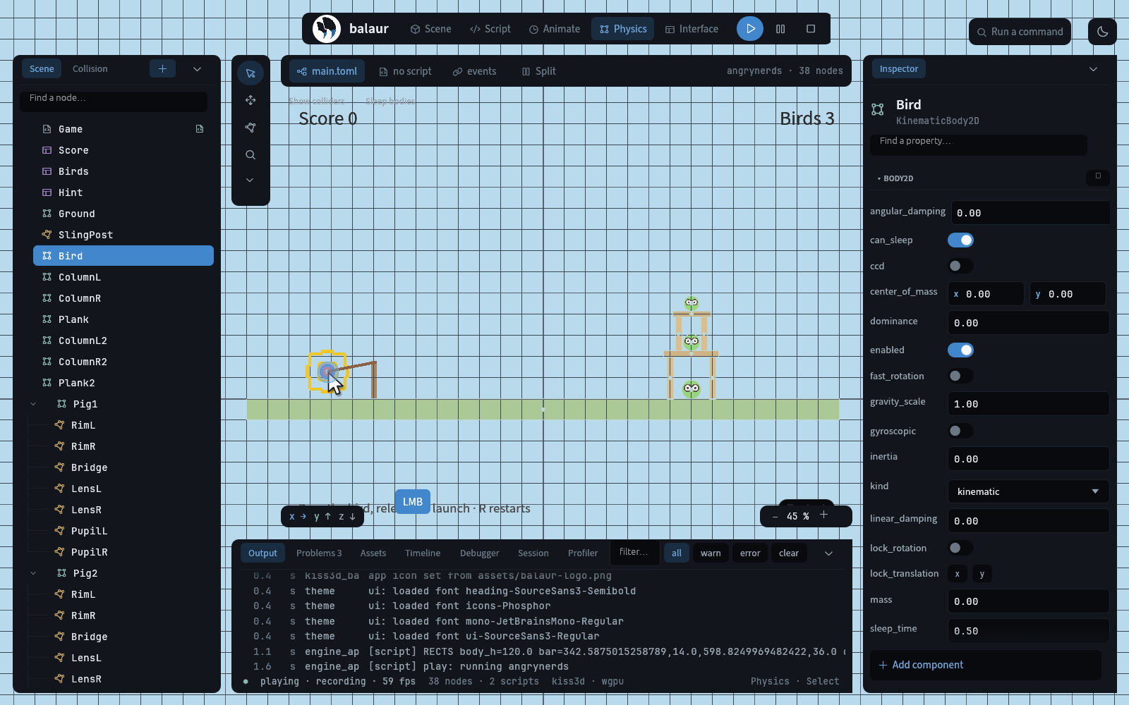 The Physics persona's collider overlays over the towers of examples/angrynerds