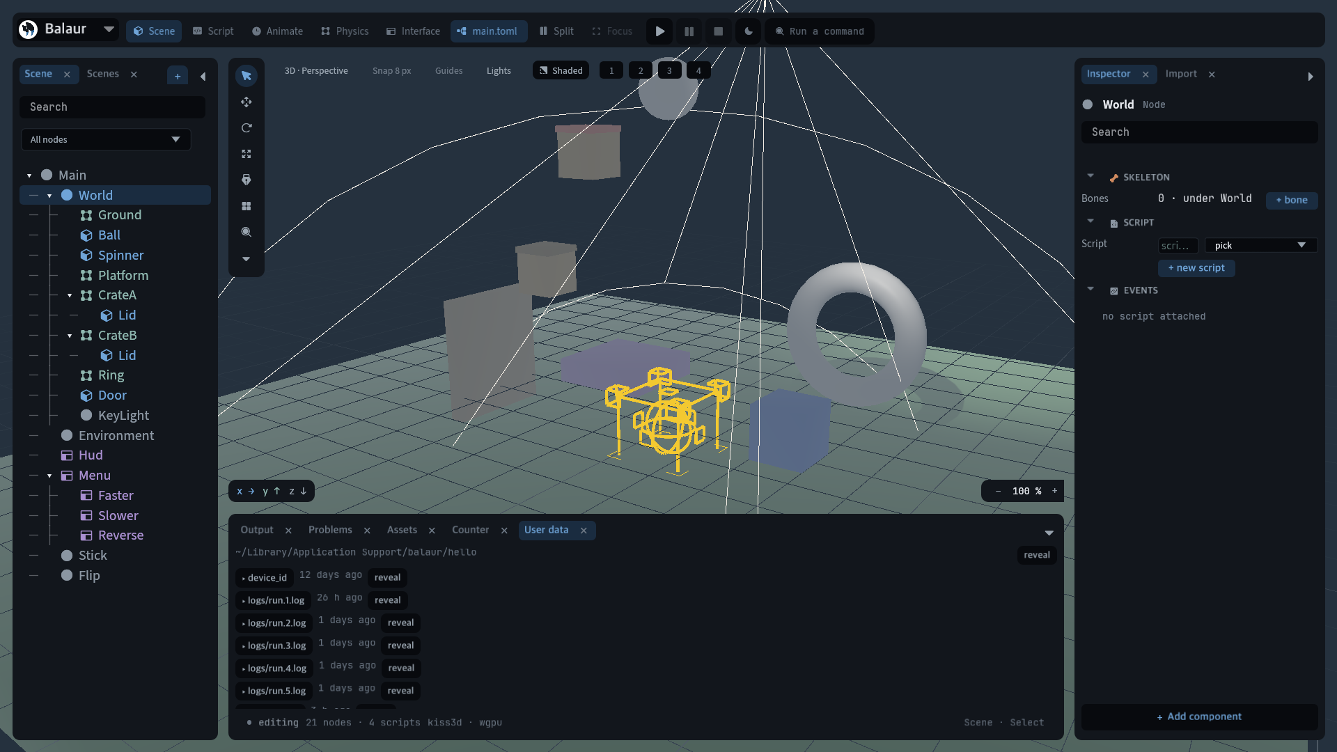 The User data dock, its files and their times as widget nodes