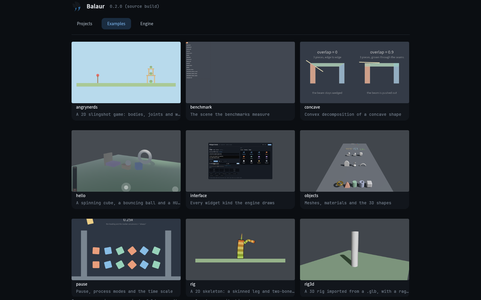 The Examples tab: a card per example project, each with its name and a line saying what it is