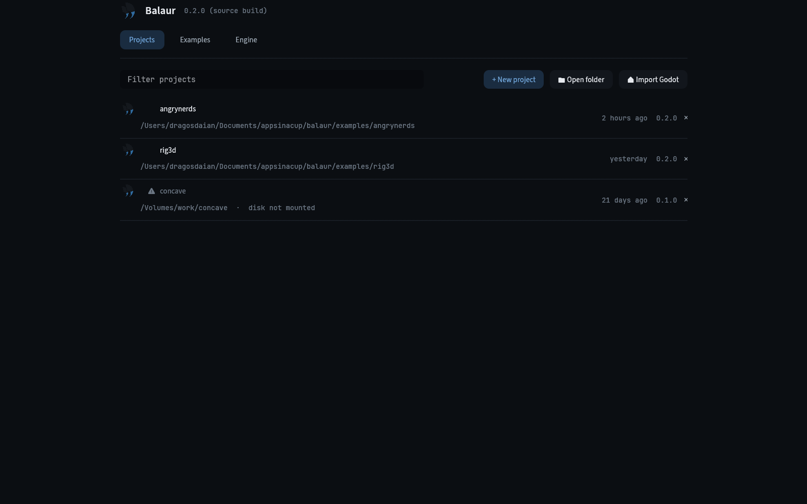 The Projects tab: a filter, the three ways to start, and the projects this machine has opened with their paths, times and engine versions