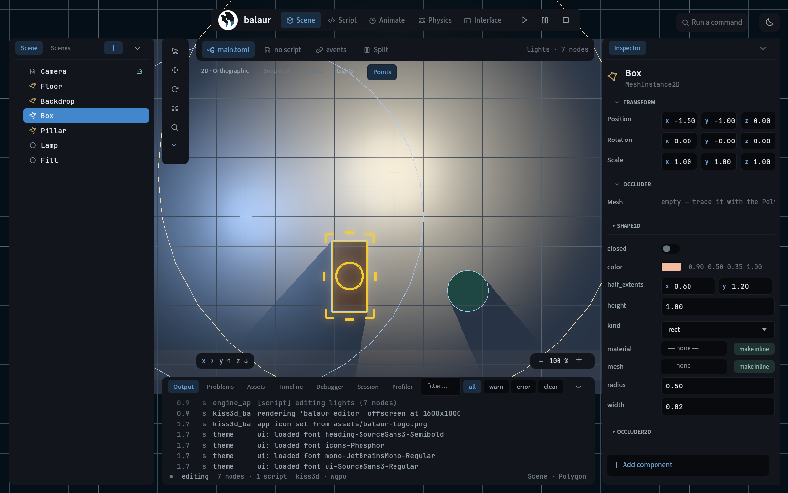 The editor with an occluder node selected: only the Points mode chip, an Occluder section in the inspector, and the light gizmos over the lit scene