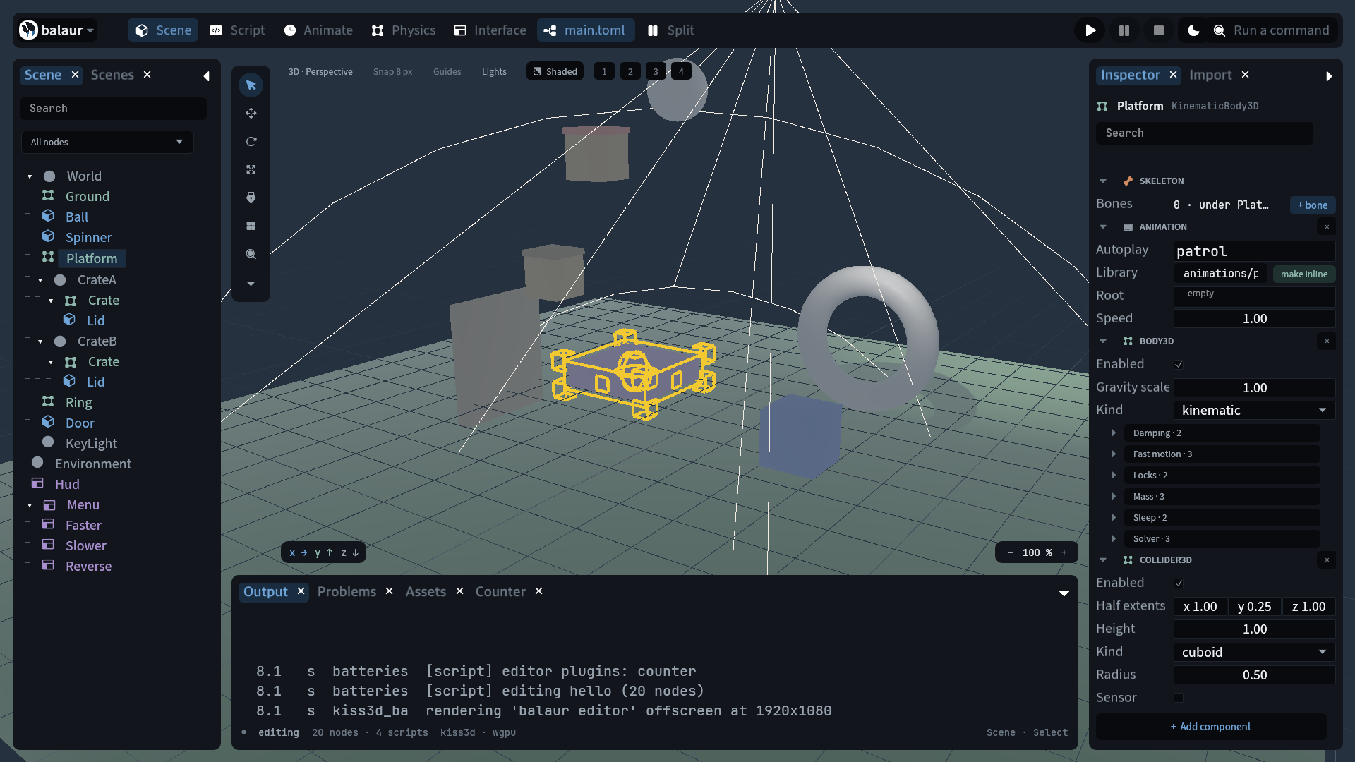 The node tree of examples/hello, with the Platform node's components in the inspector