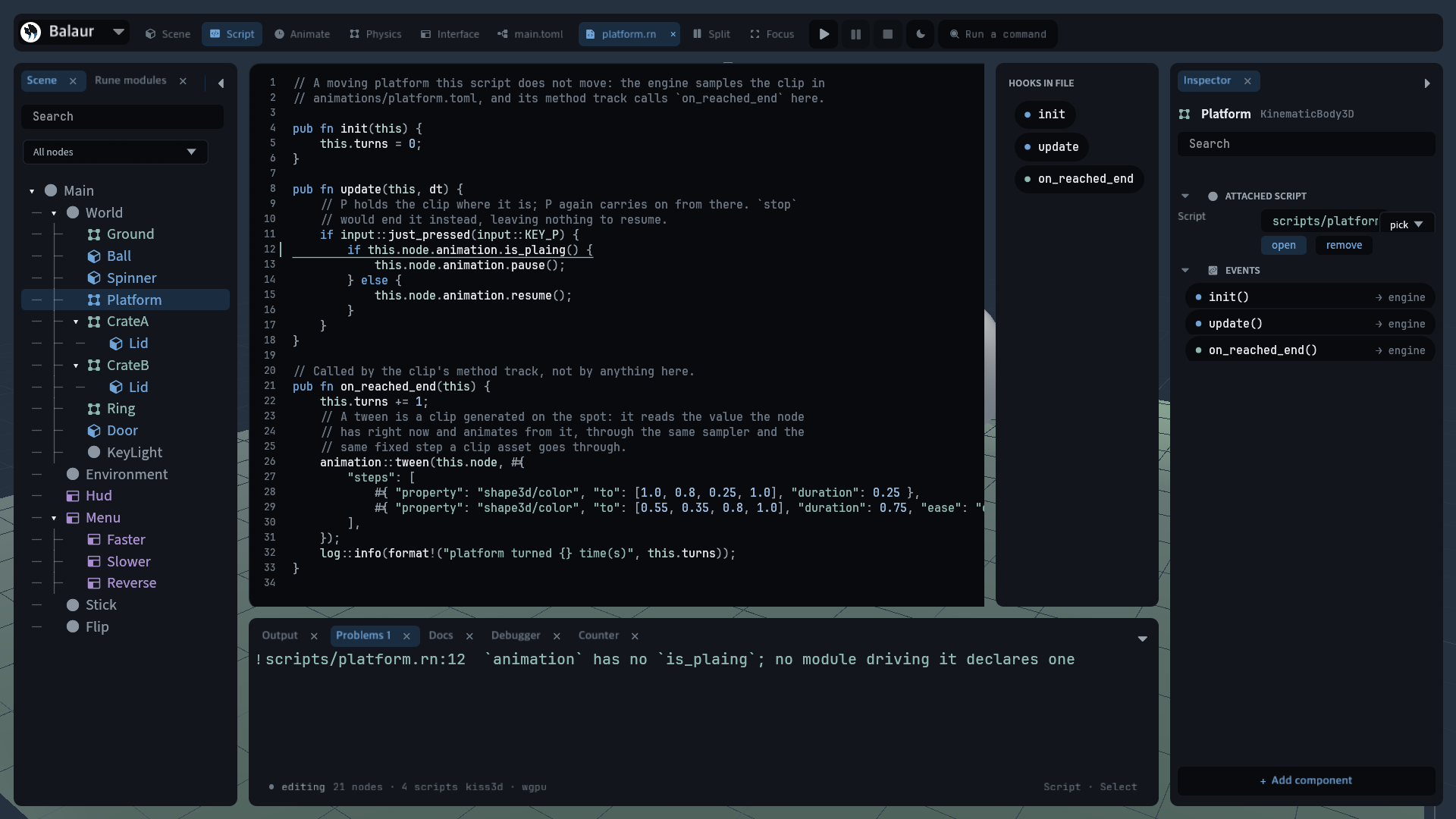 The Script persona with platform.rn open on the bad call, and the Problems dock under it naming the line and the method
