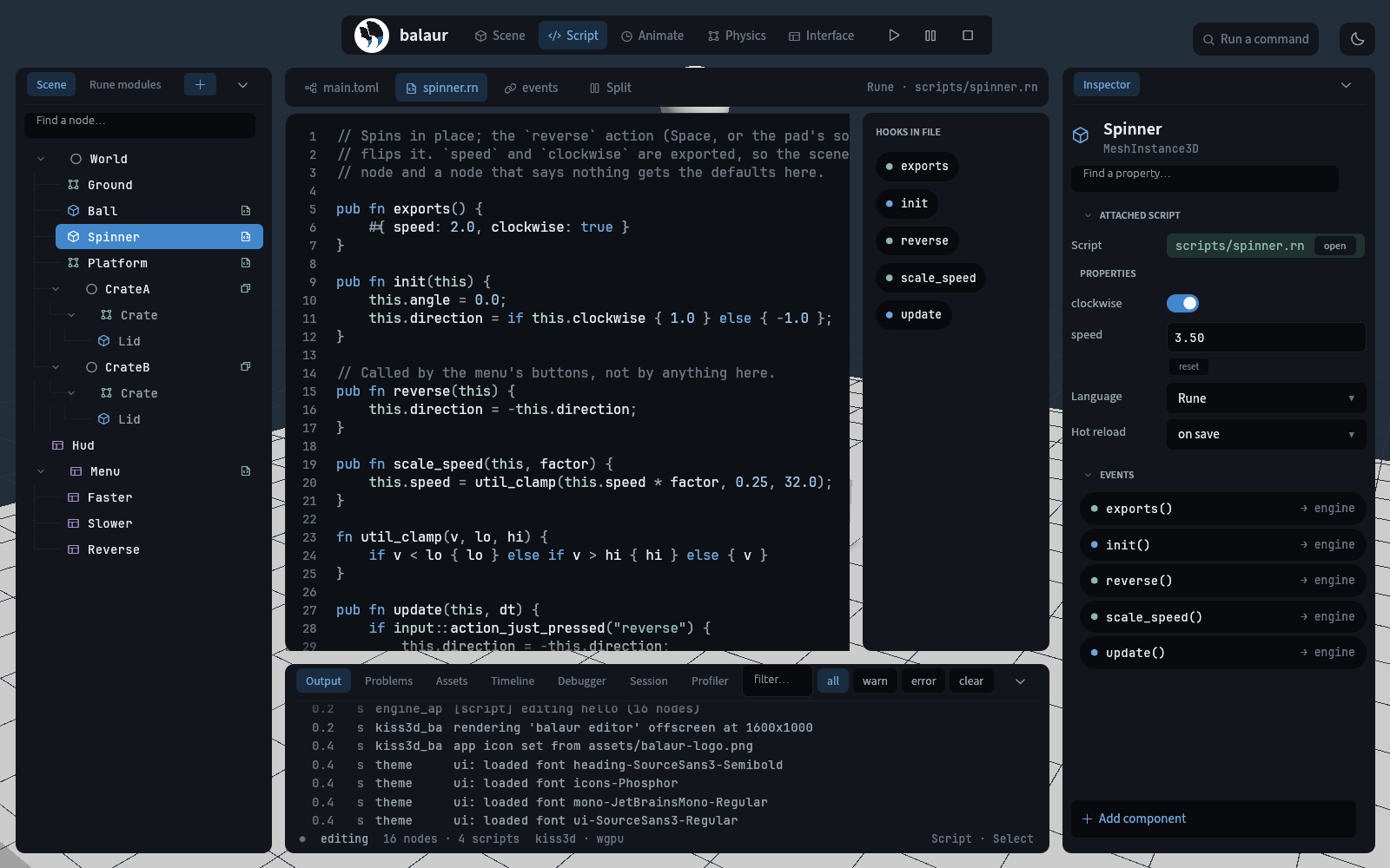 The Script persona: the file, the hooks it declares, and the events its node receives