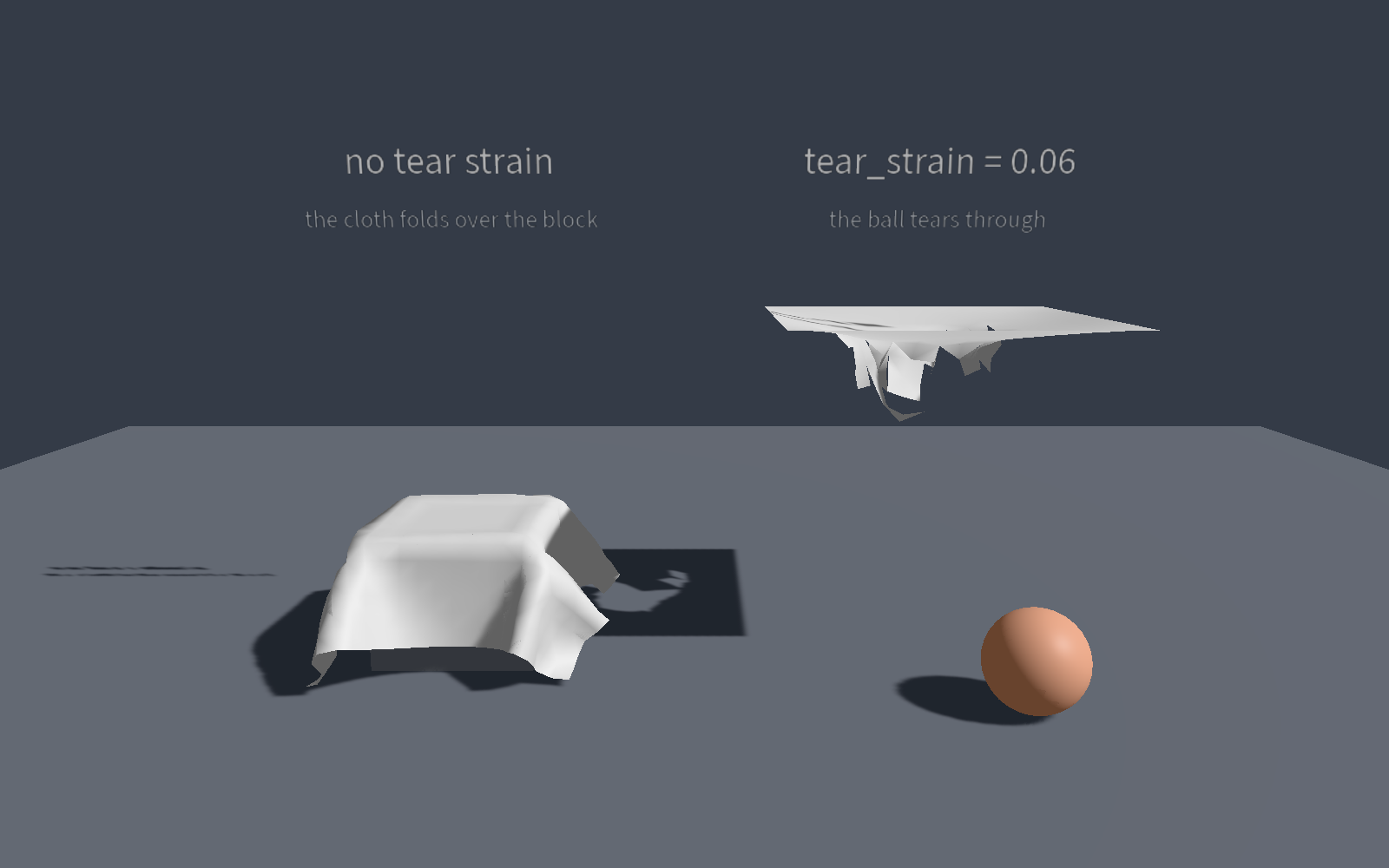 examples/cloth: a sheet draped over a block, and a ball tearing through a sheet pinned all round