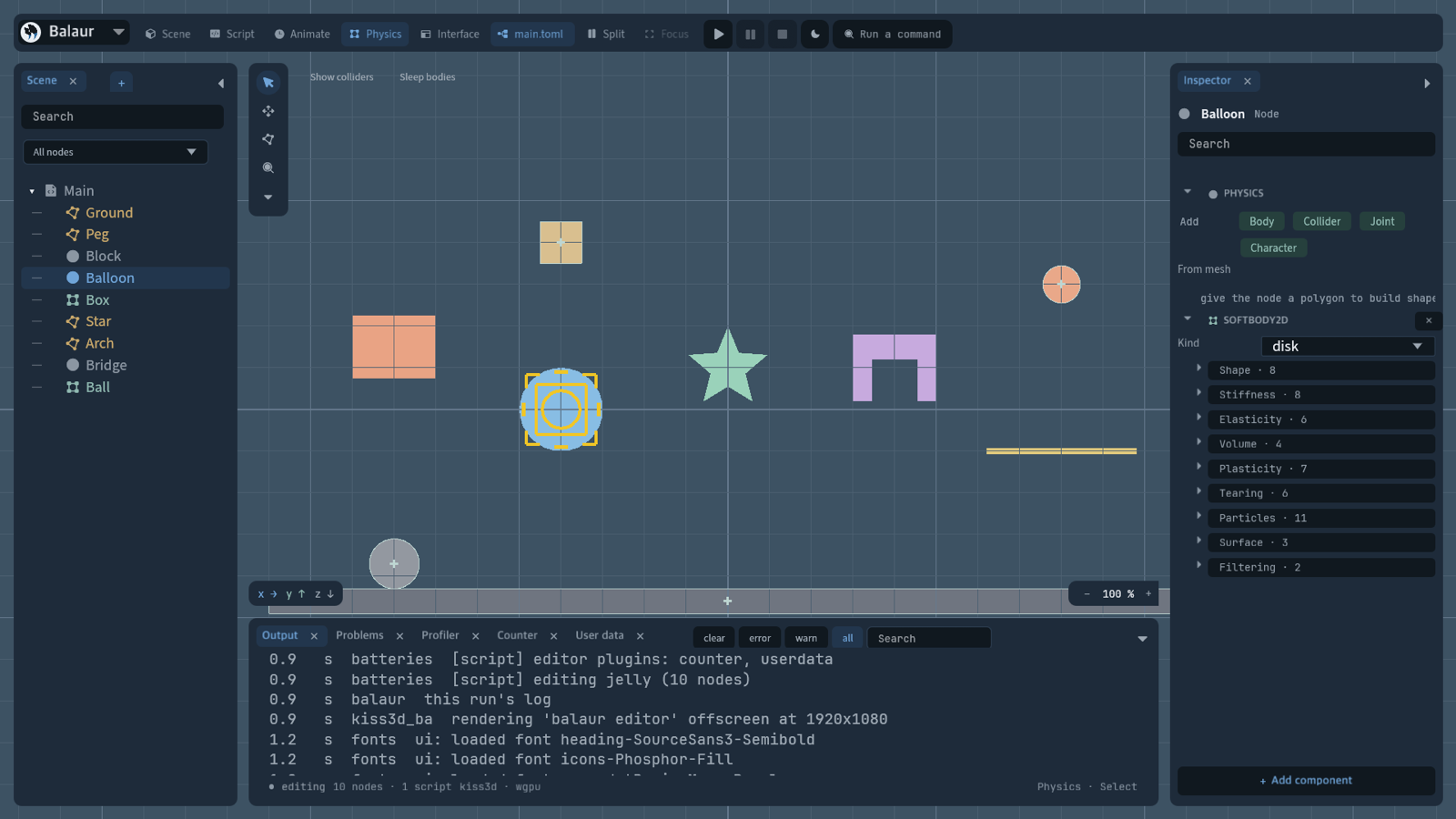 The Physics panel on the disk of examples/jelly: the components it can add, and the soft body's rows by group