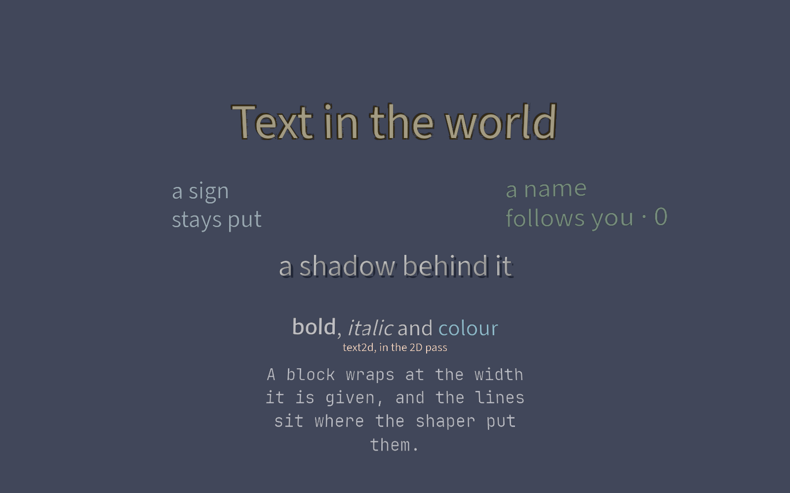 Text in the world, one row per thing it does