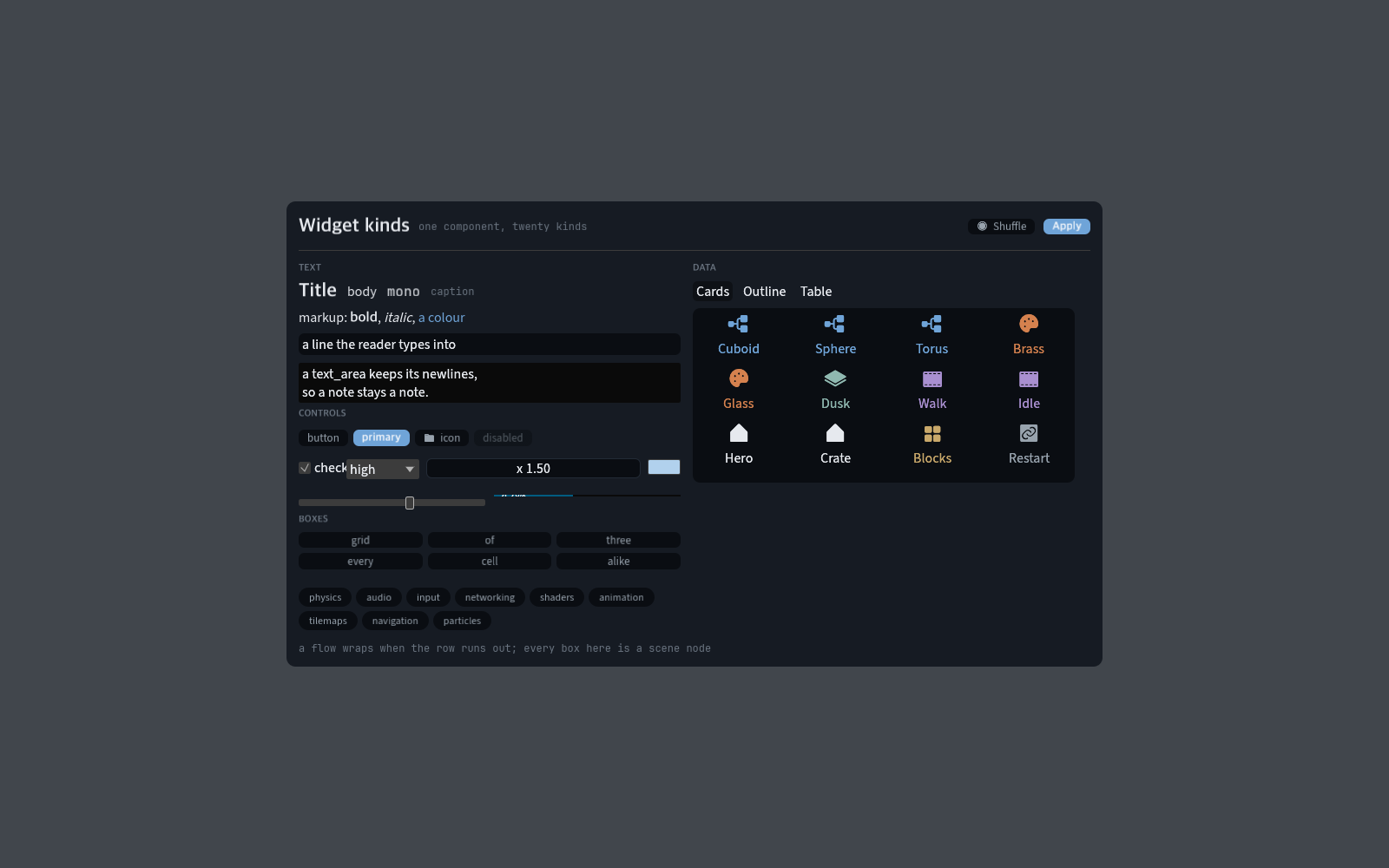 A screen of nodes: a card grid, a control row and a wrapping chip flow