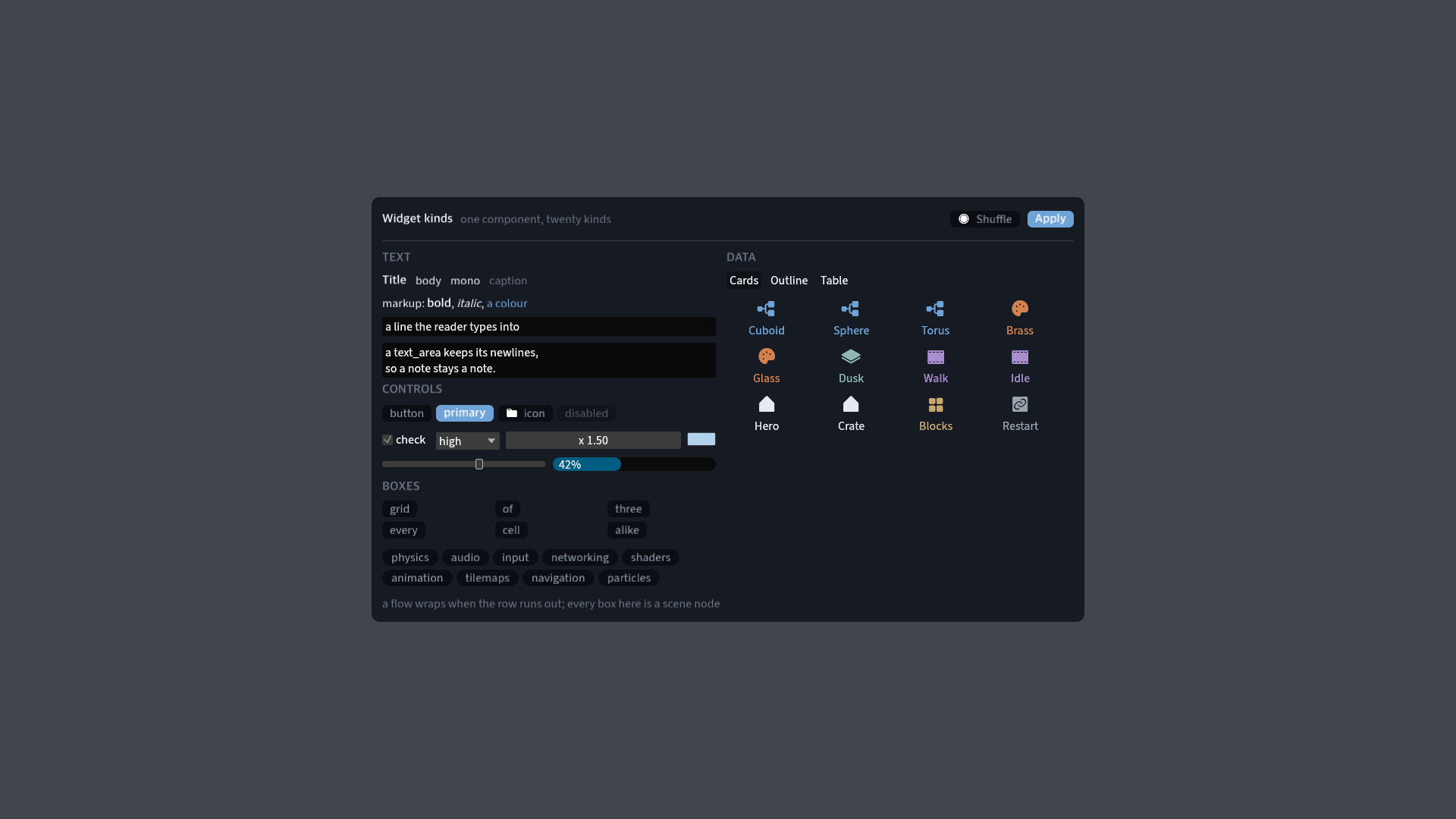 A card grid, an outline and a table, all one component
