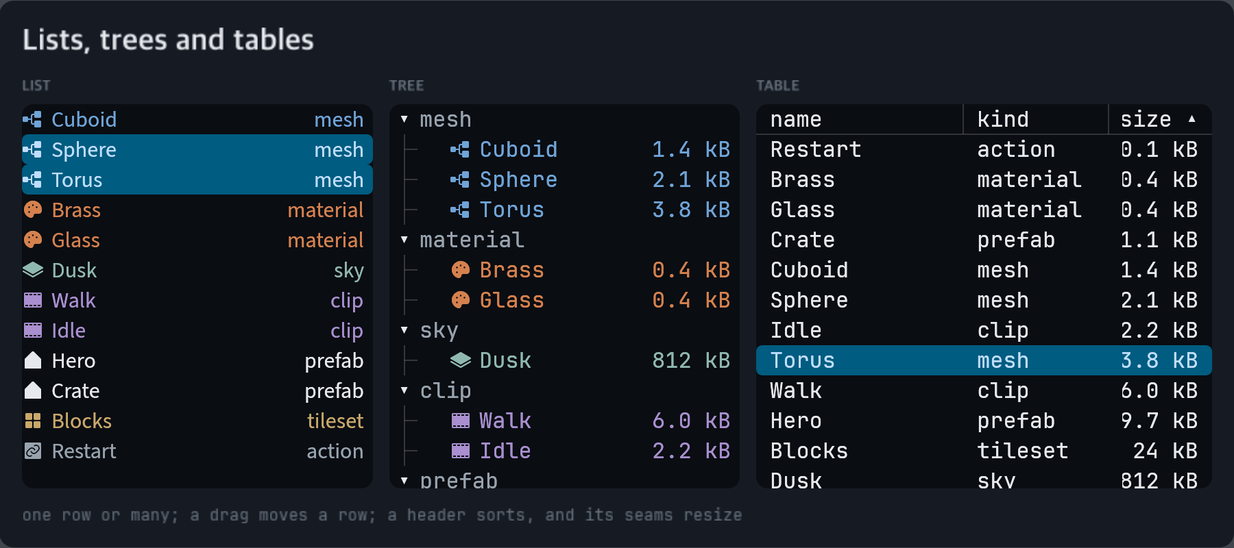 A list with two rows picked, the same entries as a folding tree, and again as a table with named columns