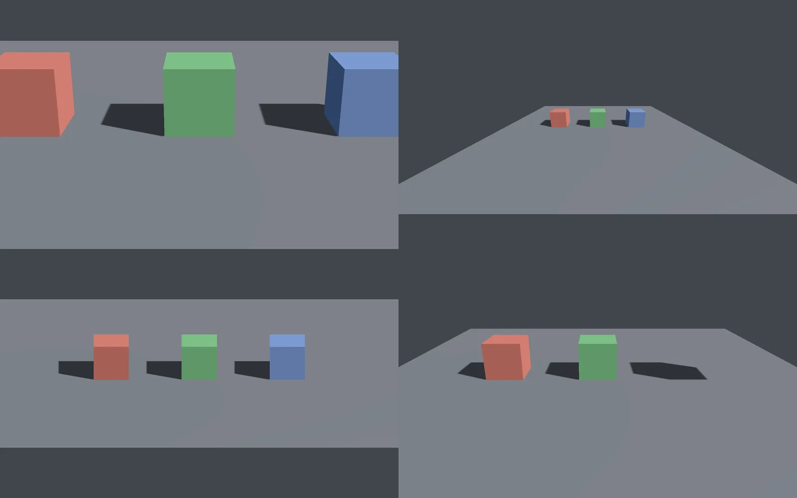 One scene four ways: fov_degrees 25, fov_degrees 90, orthographic, and render_layers hiding the blue box