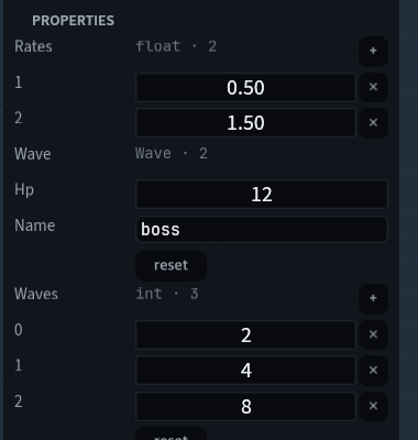 The inspector drawing a map keyed by numbers, a Wave class of two fields and a list of three numbers, each entry on its own row