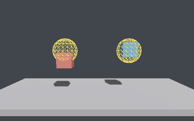 Two cubes under gravity, each pulled to a wireframe sphere: the PD cube hangs below its sphere, the PID cube sits in its centre