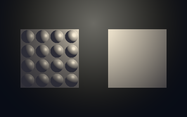 Two grey sprites under one lamp: the left one normal-mapped into sixteen domes lit from above, the right one flat
