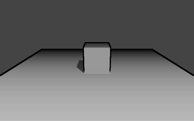 A grey scene after grayscale and edges: the cube and the floor outlined in black