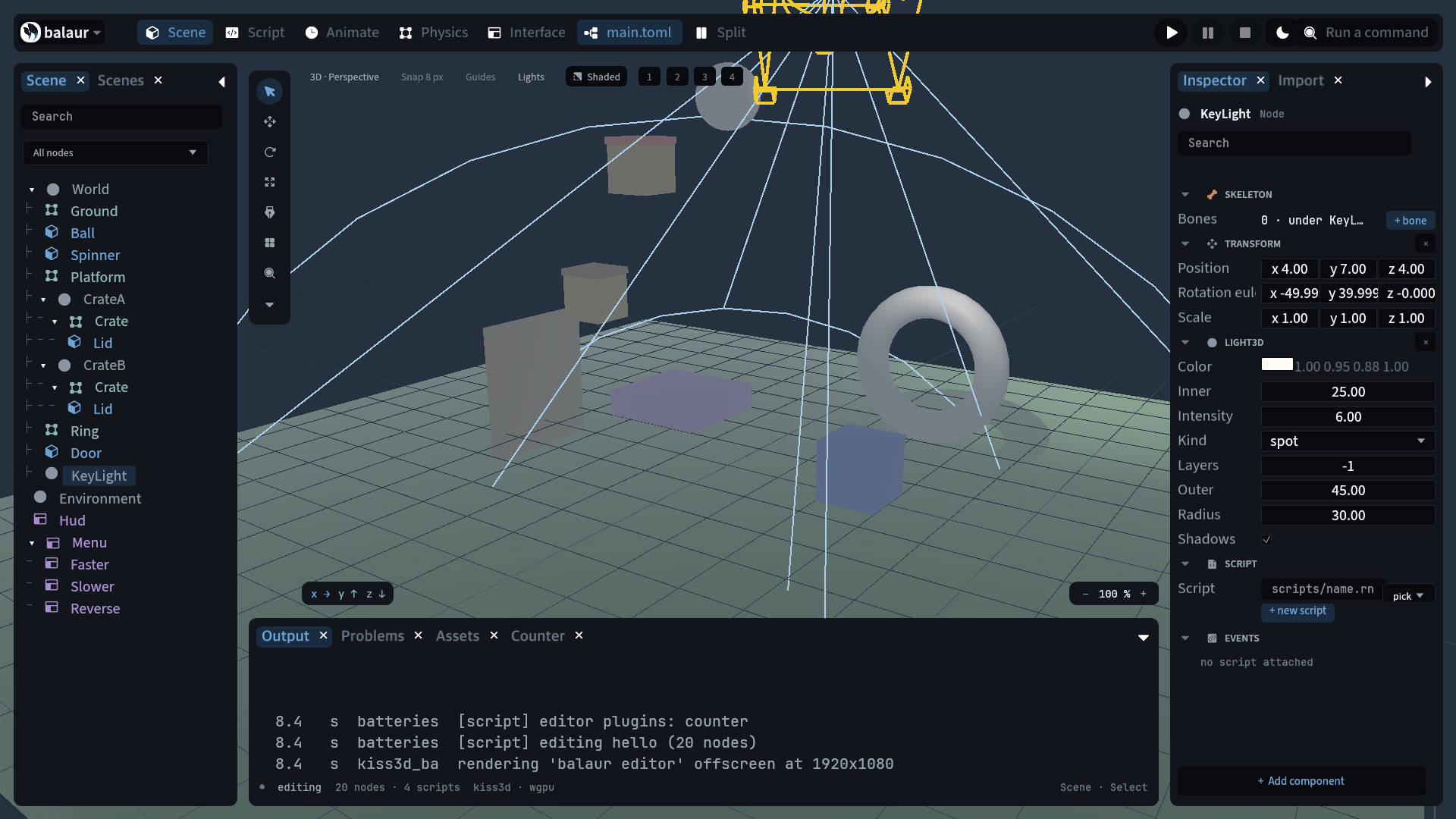 A spot light selected in the editor, its cone drawn in the viewport and its light3d rows in the inspector