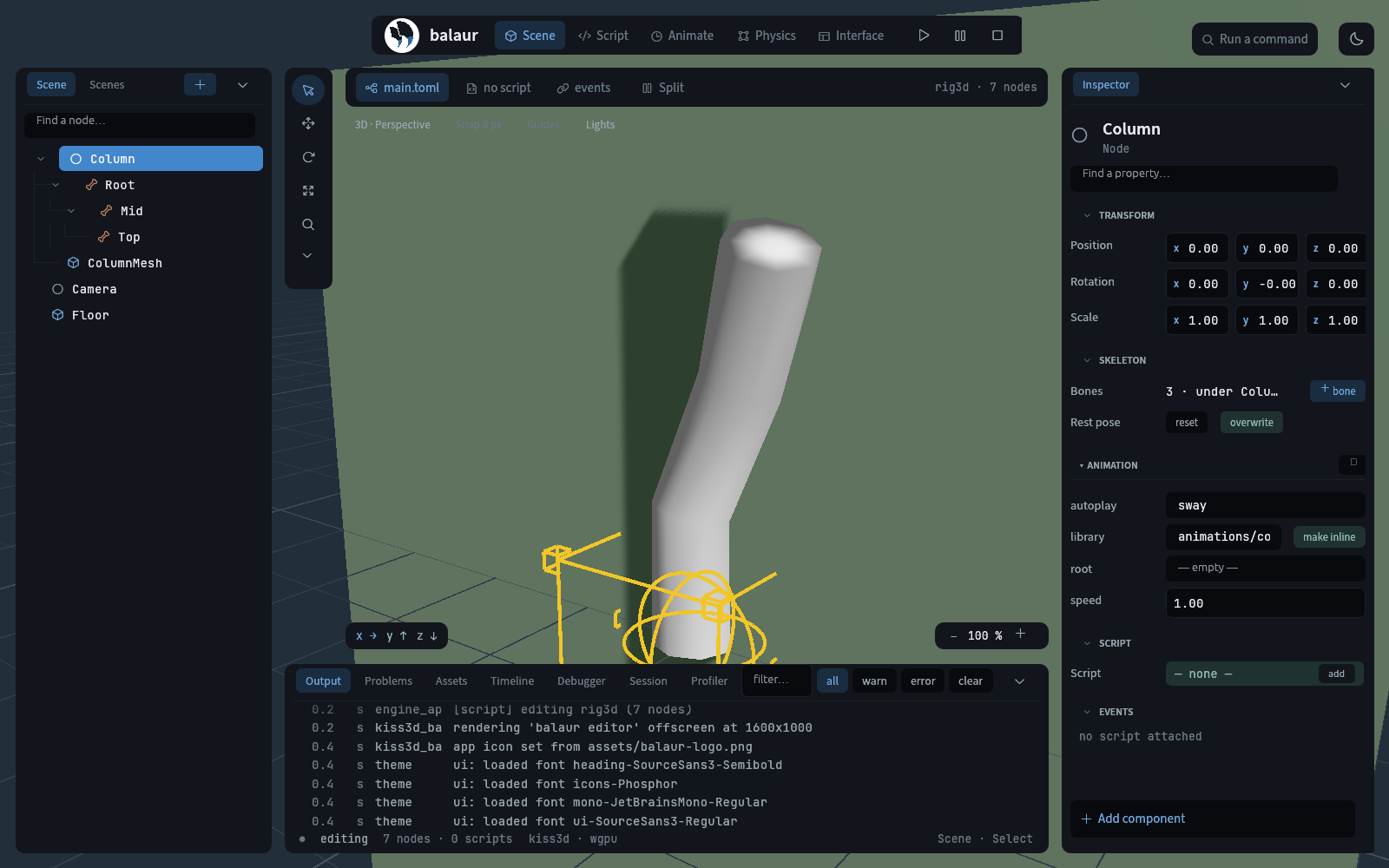 examples/rig3d in the editor: the Column node with its three bones, the imported mesh bent by the sway clip