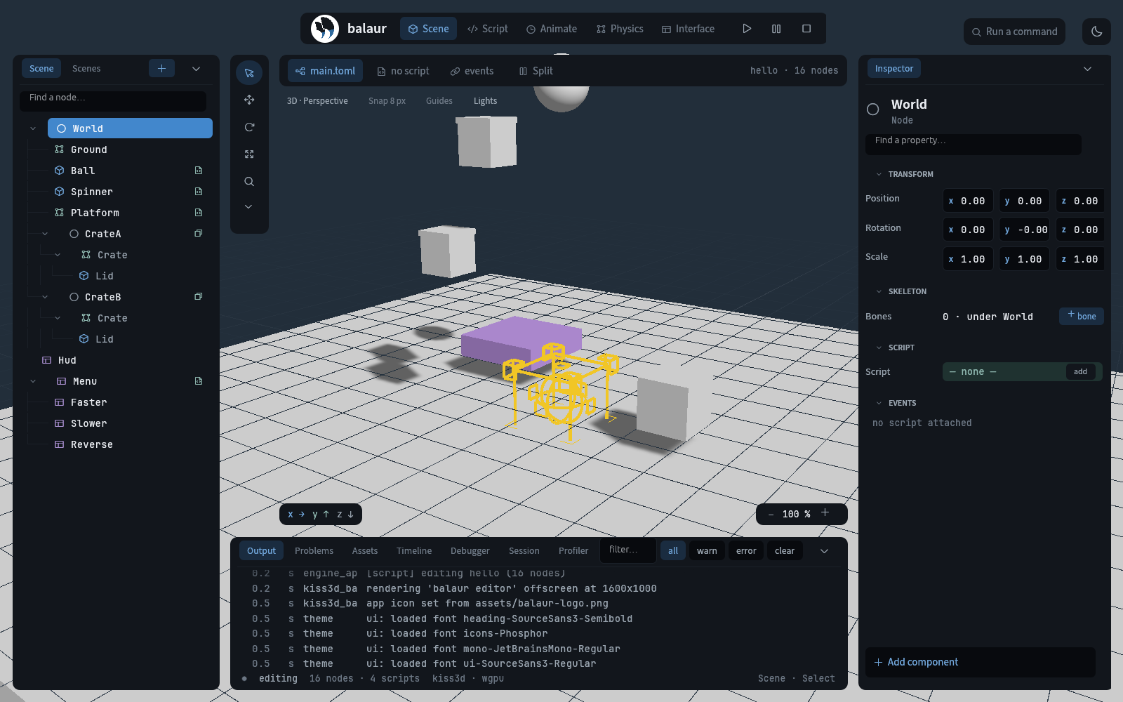 examples/hello open in the editor: the World node selected and the Output dock showing the boot