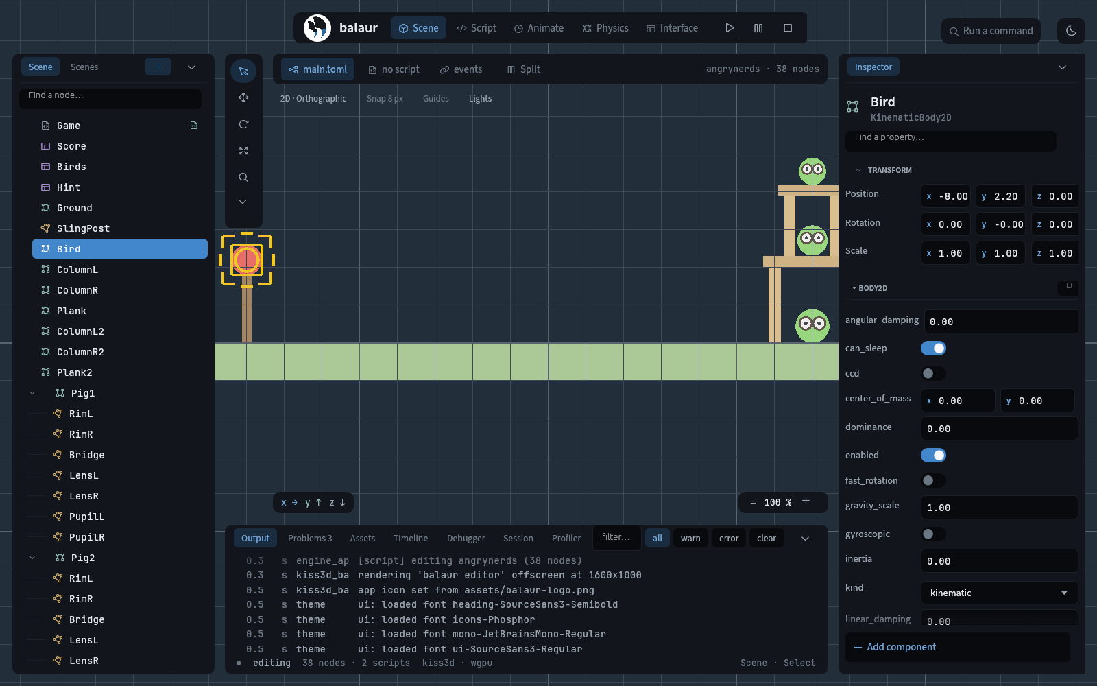 examples/angrynerds in the Scene persona: the node tree, the 2D viewport with the Bird selected, and the inspector