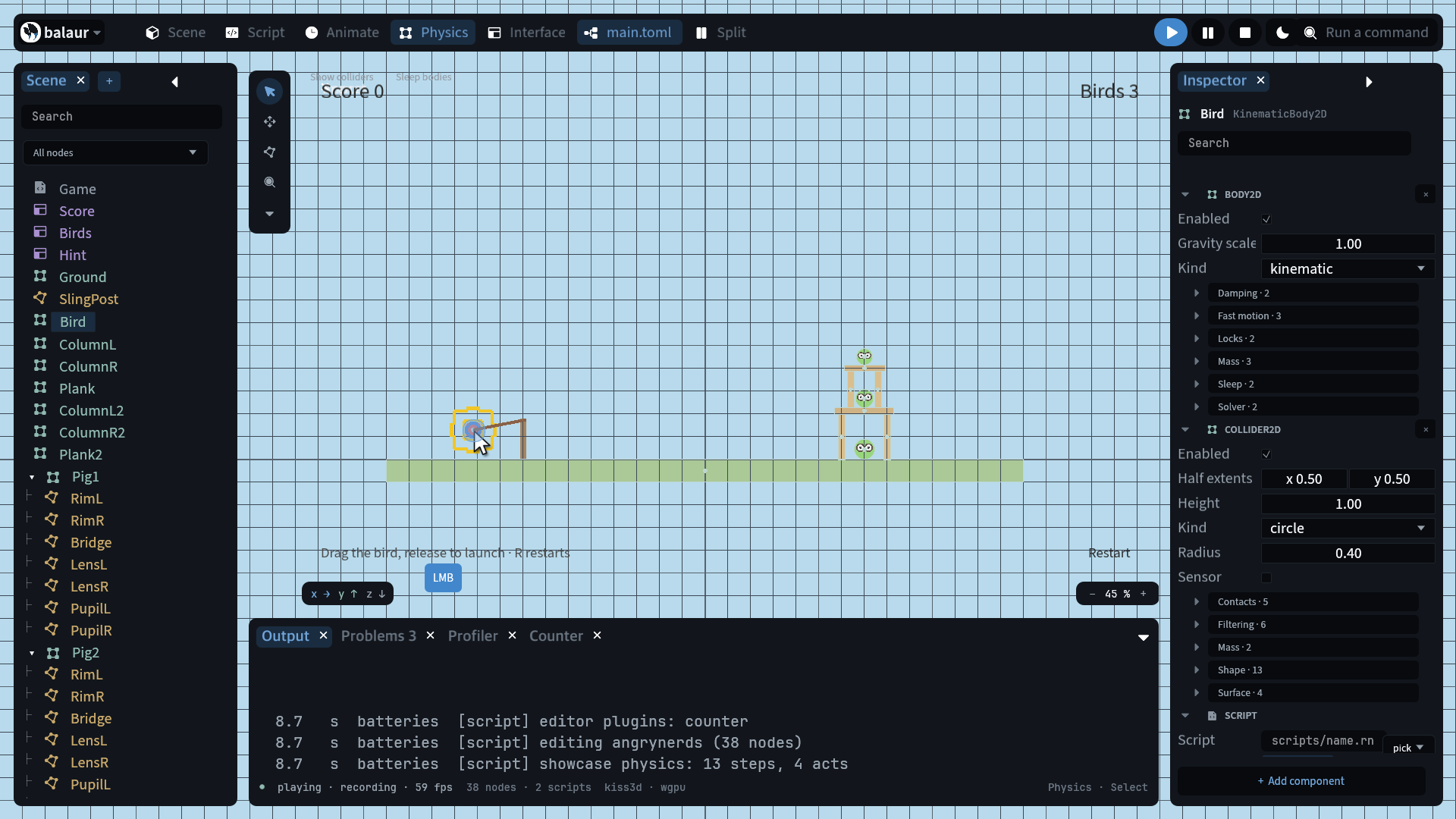 The Physics persona's collider overlays over the towers of examples/angrynerds