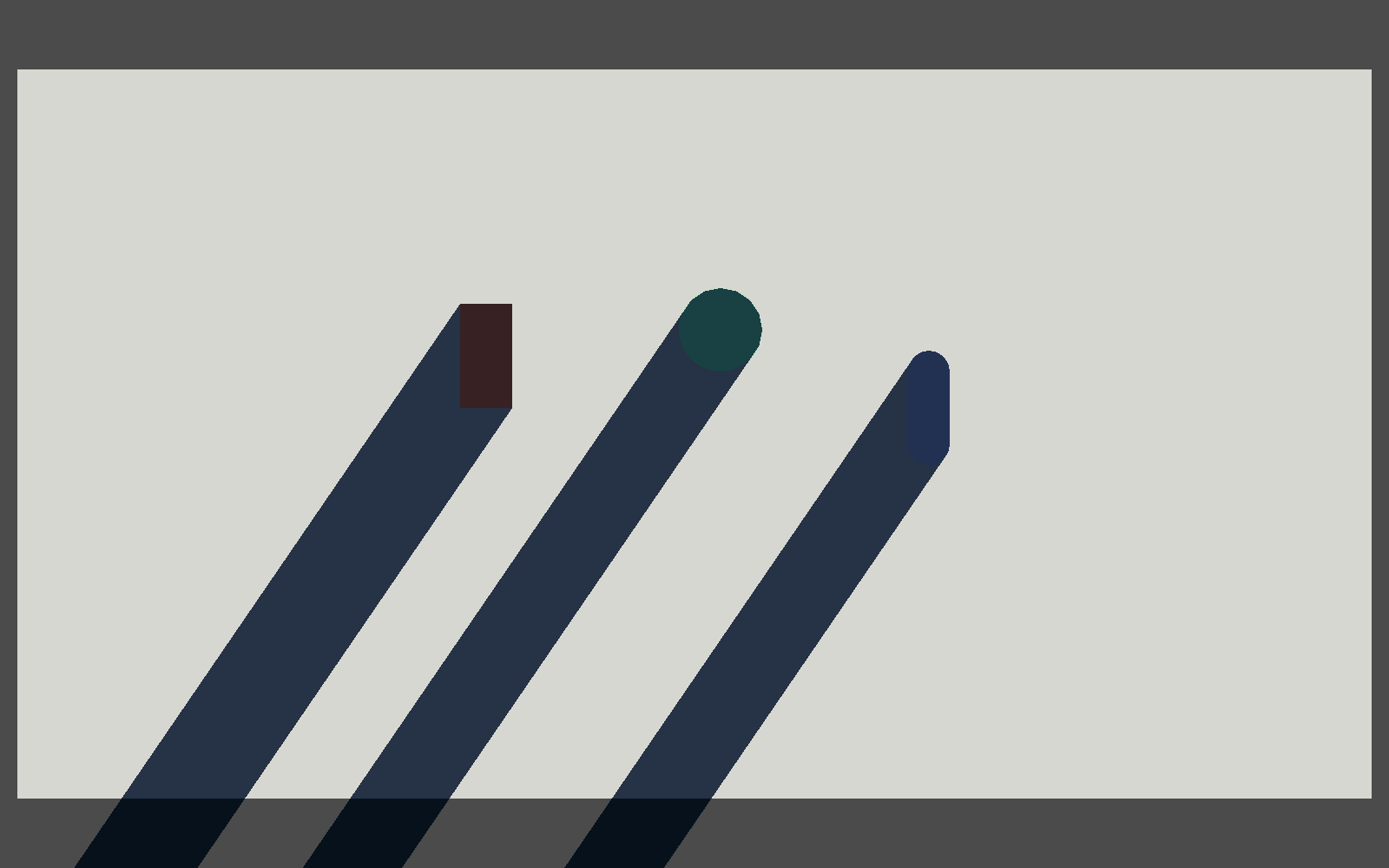 Three occluders under one directional light, each casting a parallel shadow strip at the light's angle