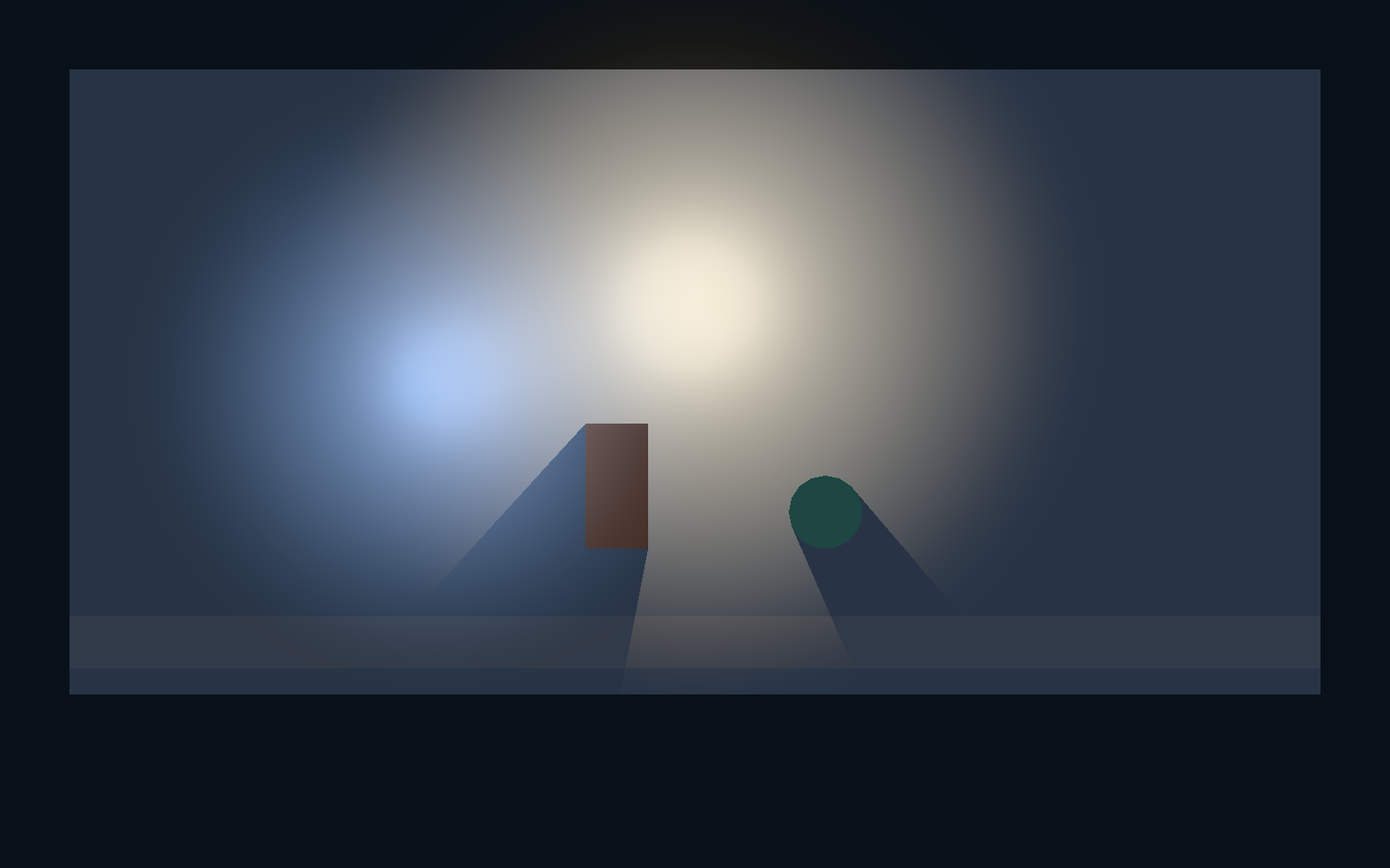 Two 2D lights over a scene, the shapes casting shadows from occluders