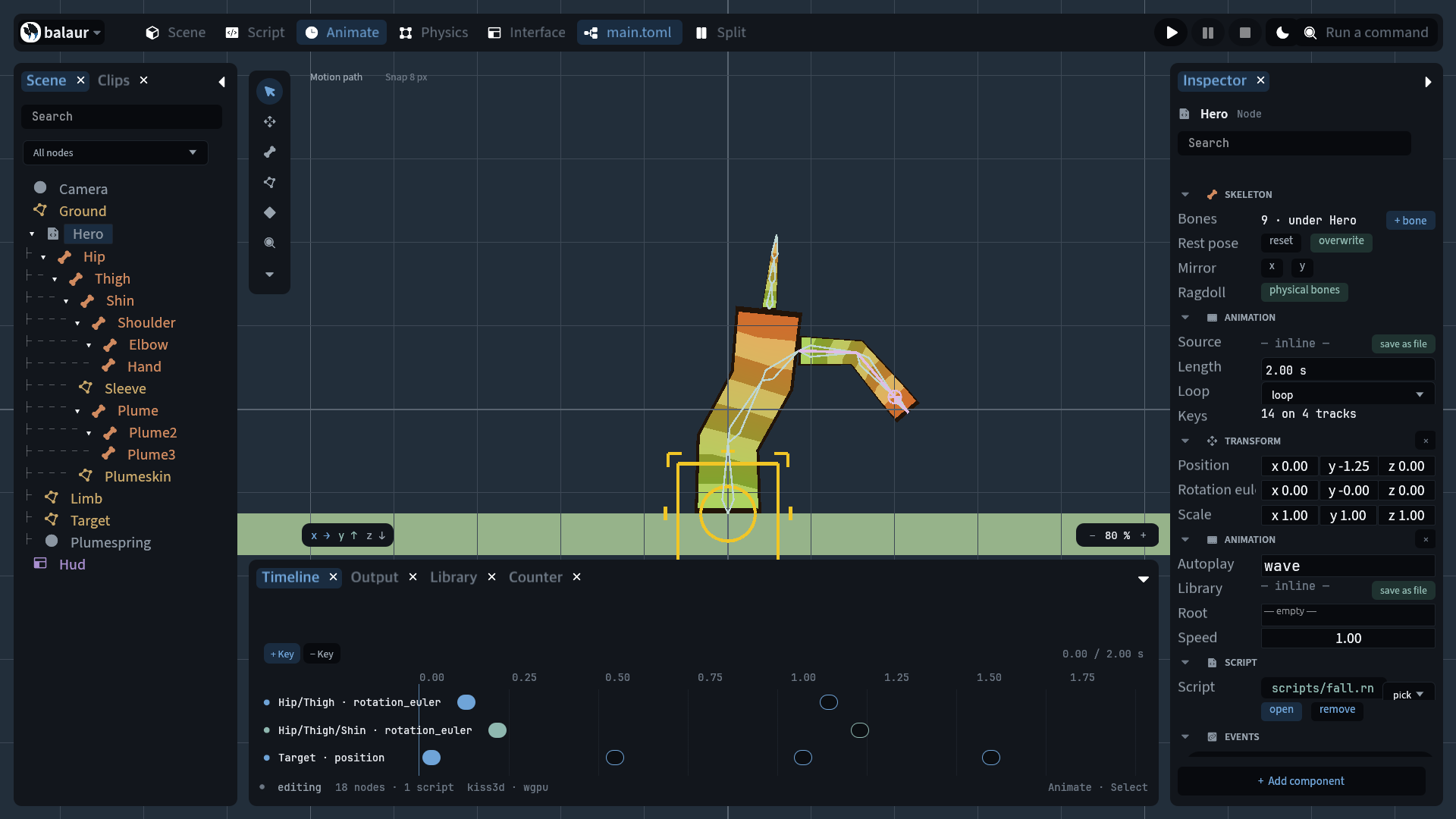 The Rig tool drawing a modifier's chain, the dashed line to its target and the handle that drags it