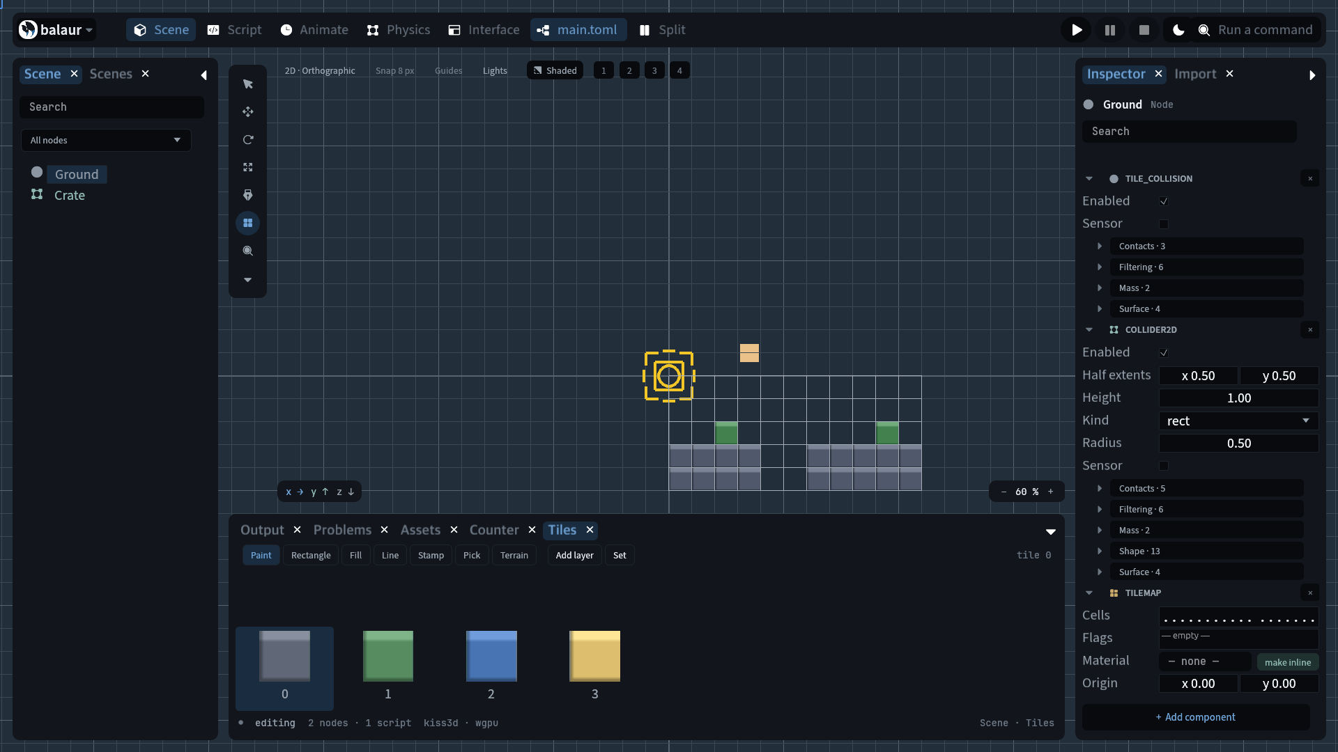 The Tiles dock painting a ground layer, with tile_collision on the map in the inspector