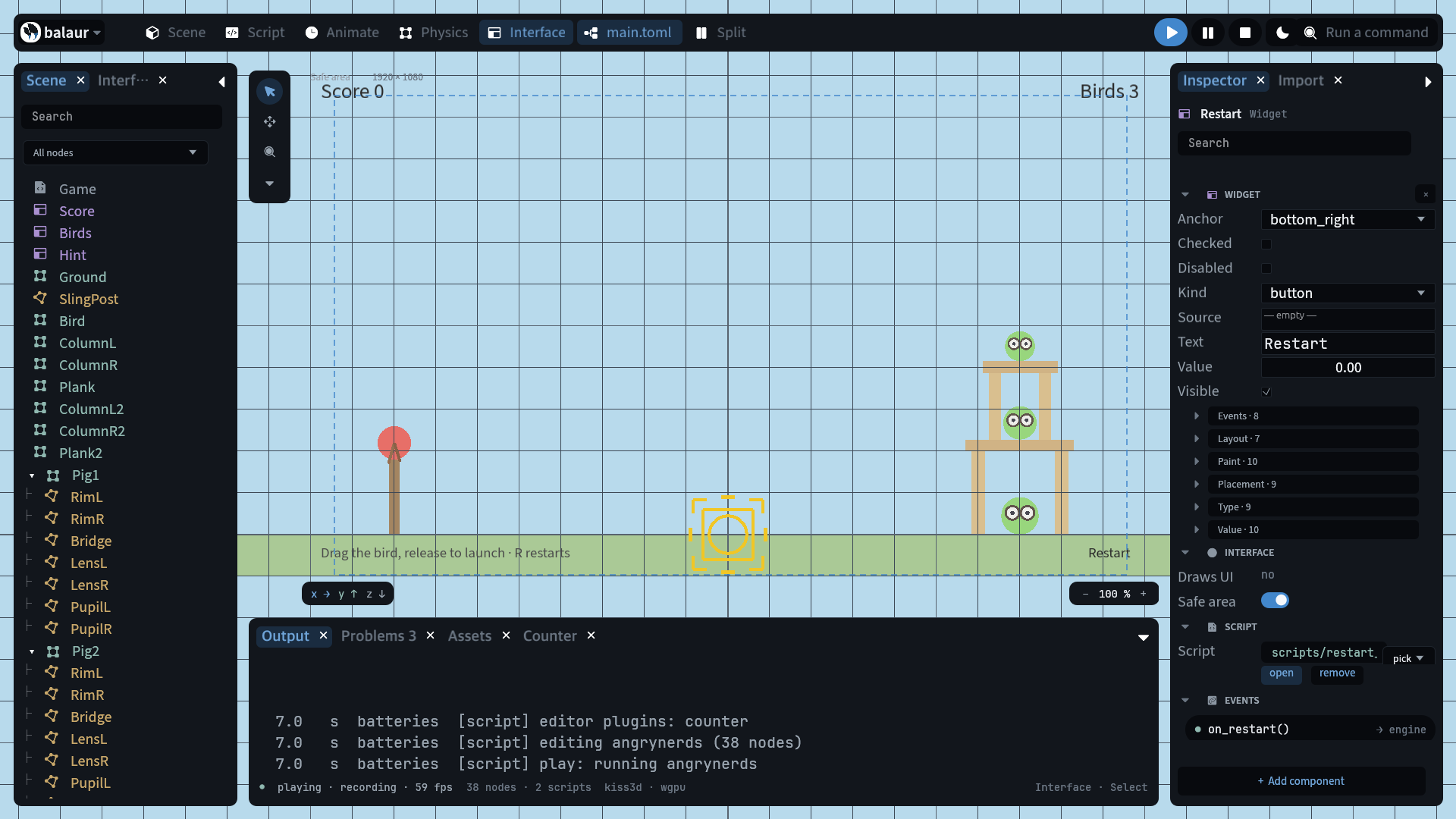 The UI workspace: a HUD's widgets in the tree, drawn over the safe area, and a button in the inspector