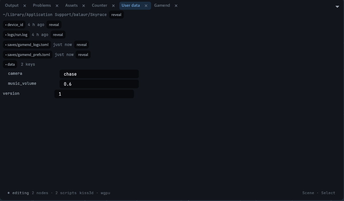 The User data dock over a game's user data folder: the device id, the run log, two save slots, and the prefs slot open as a tree