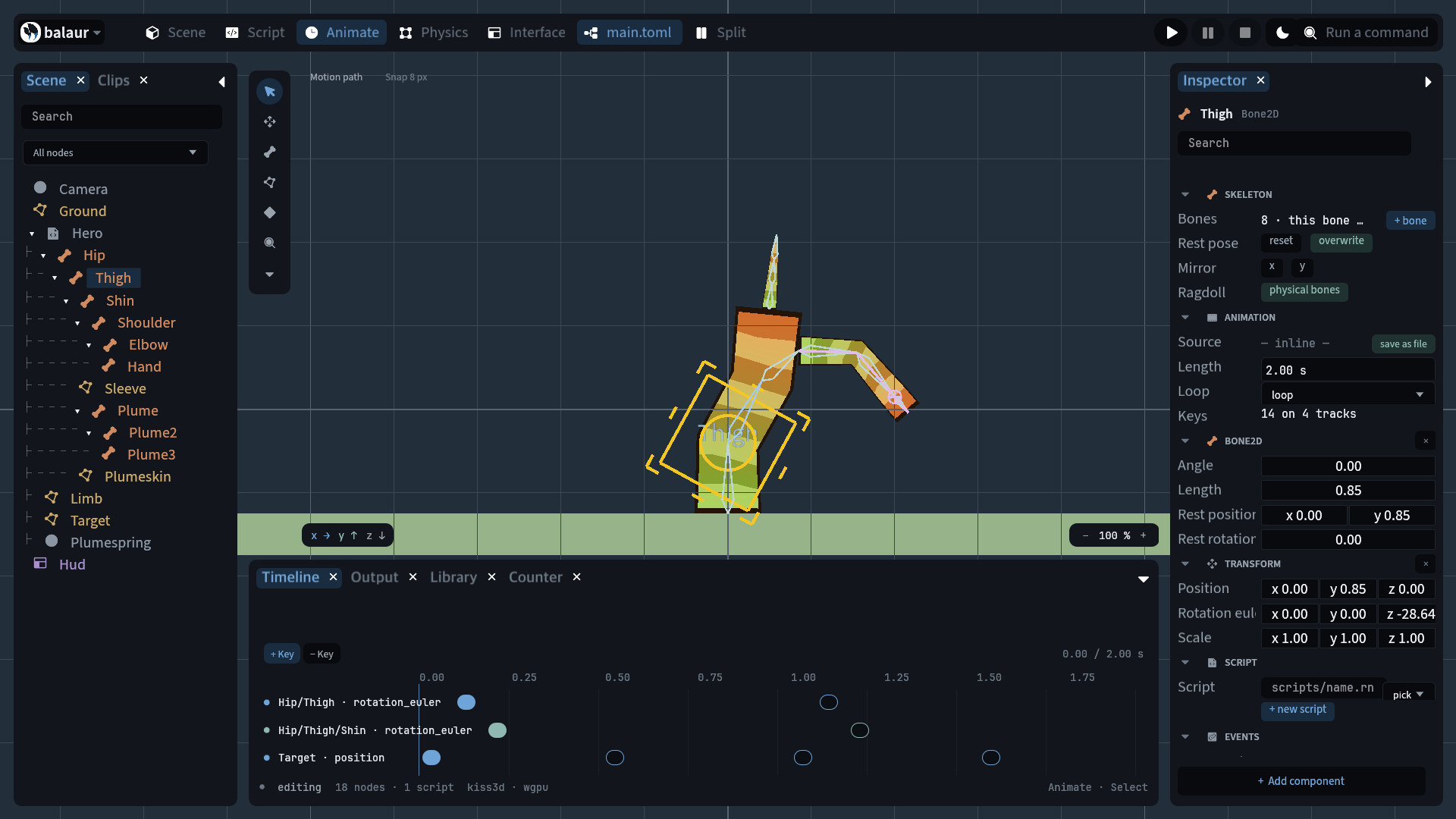 The Animation workspace: the rig's bones in the tree, the Thigh bone selected in the viewport, and the timeline with its keys