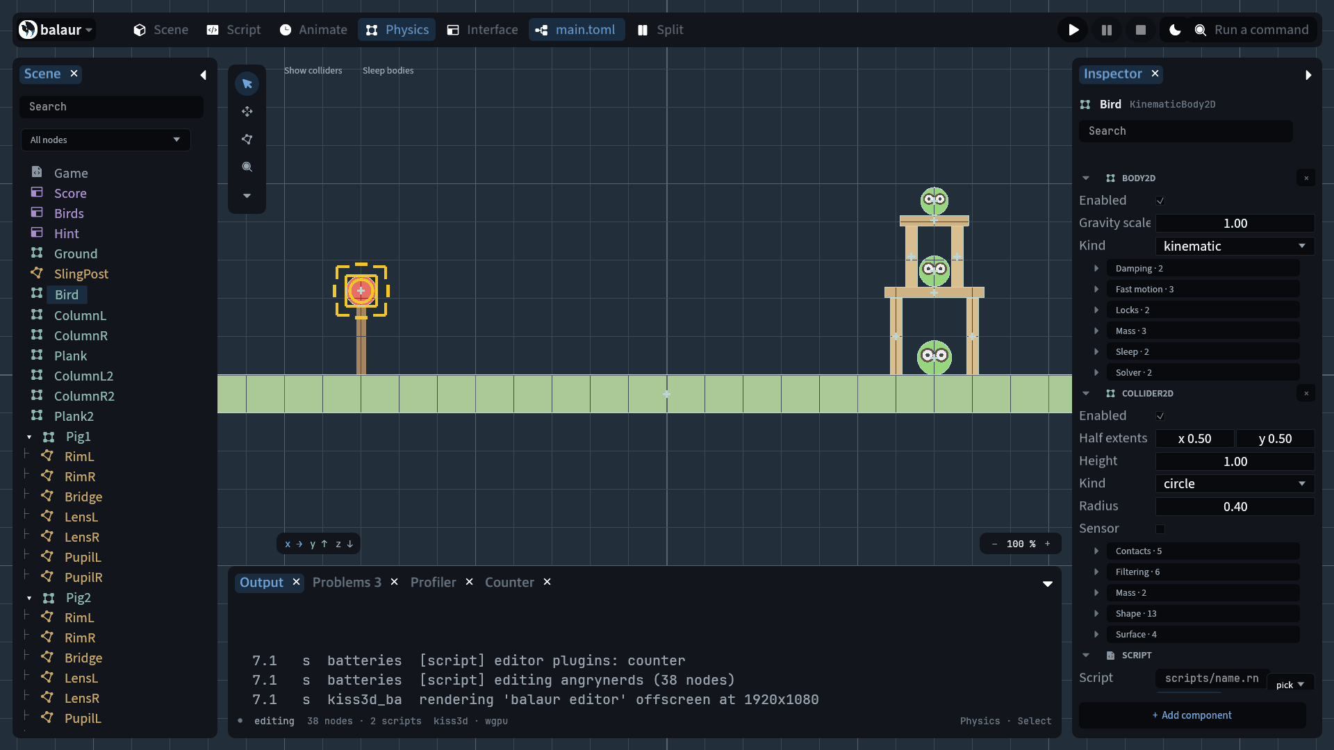The Physics workspace: collider overlays over examples/angrynerds, with the Bird's body2d in the inspector