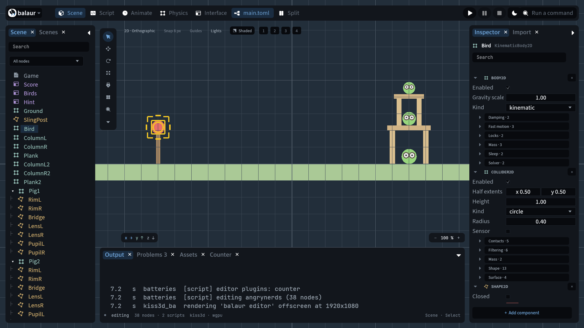 The Scene workspace: the node tree, the viewport with its gizmo on the selected Bird, and the inspector