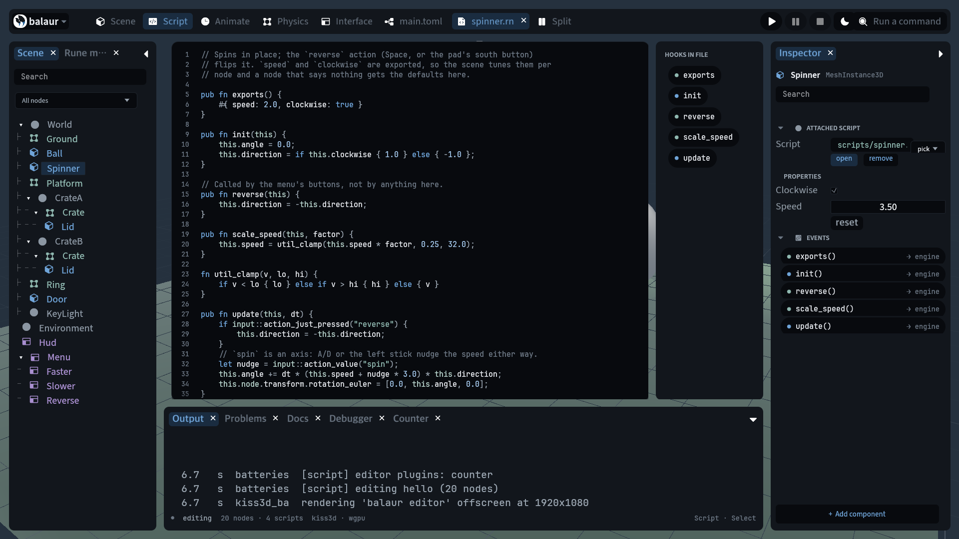 The Script workspace: the code editor on spinner.rn, the hooks the file declares, and the events its node receives